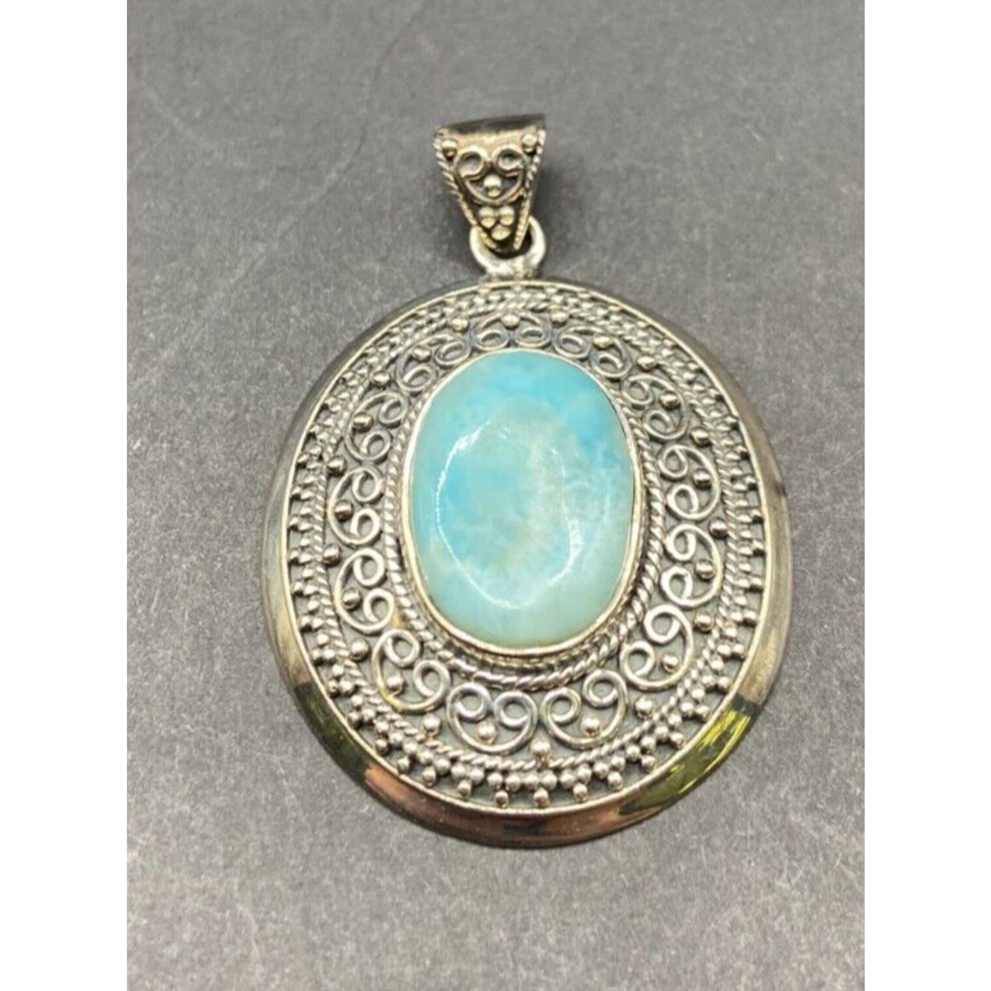Blue Quartz Gemstone Pendant Oval Cabochon 925 Sterling Silver Filigree BJC