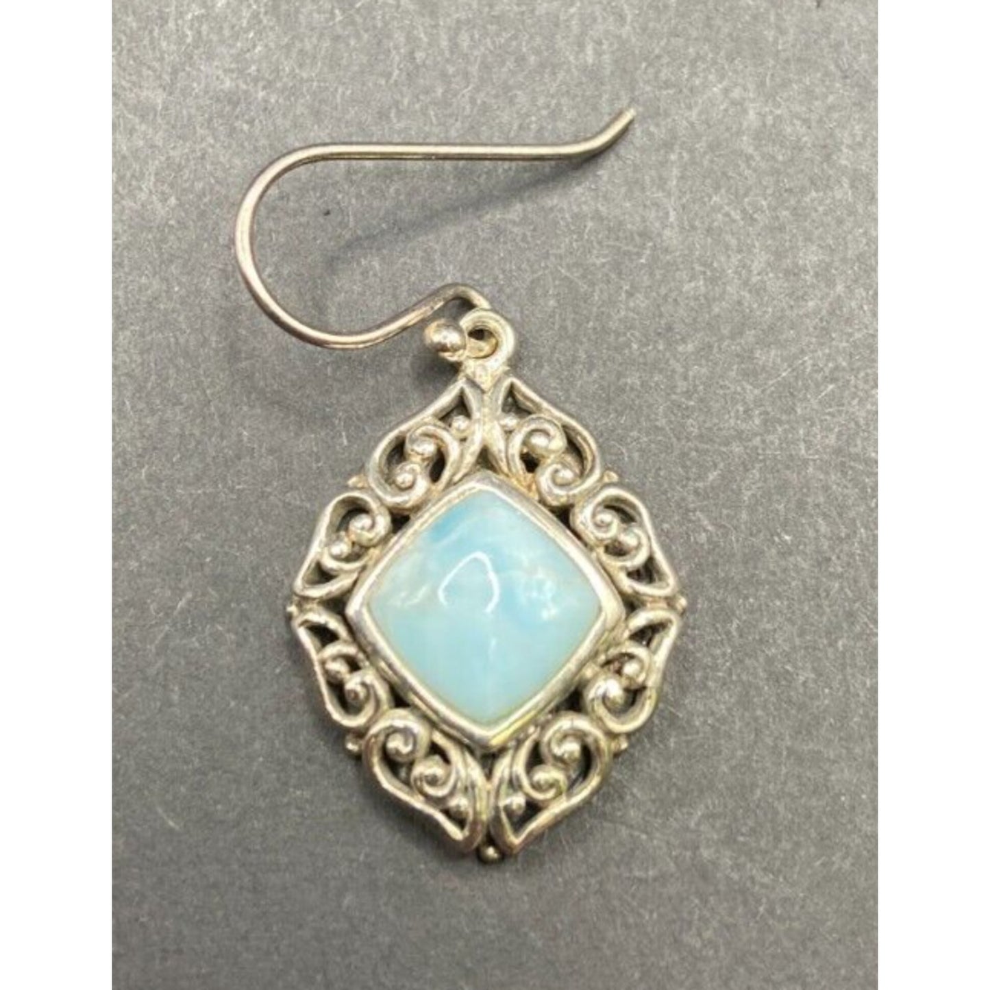 Larimar Fish Hook Earrings Cushion Cut Gemstone 925 Sterling Silver NK Thailand