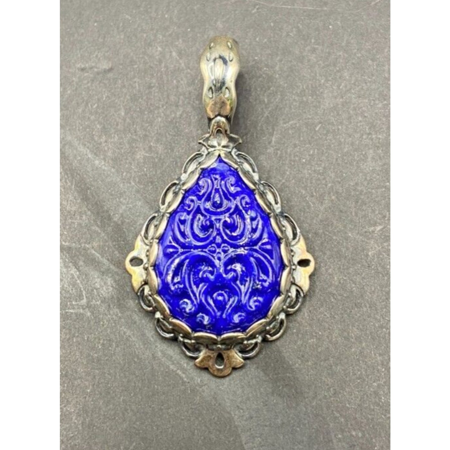Carolyn Pollack Carved Lapis Lazuli Pear Shaped Pendant 925 Sterling Silver