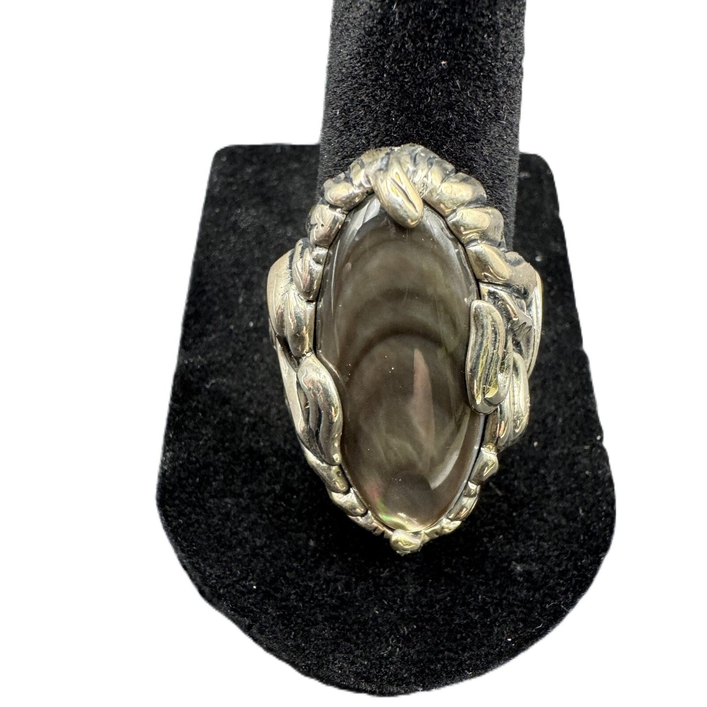 Sterling Silver Yellow Gold Plated Oval Shaped R 925 Gray Gemstone Ring Size 8