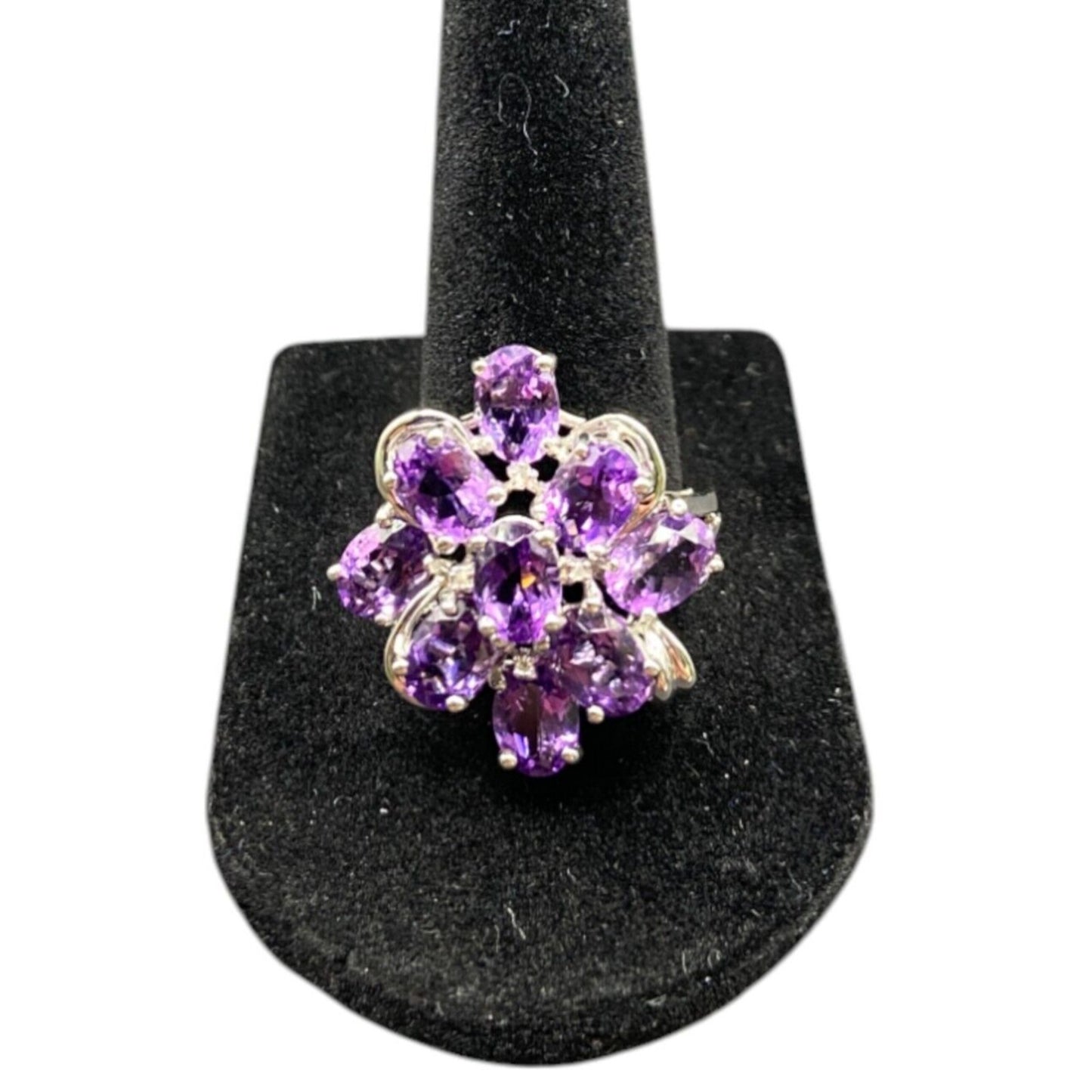 925 Sterling Silver Ring Prong Set Purple Amethyst Gemstone Cluster Size 8