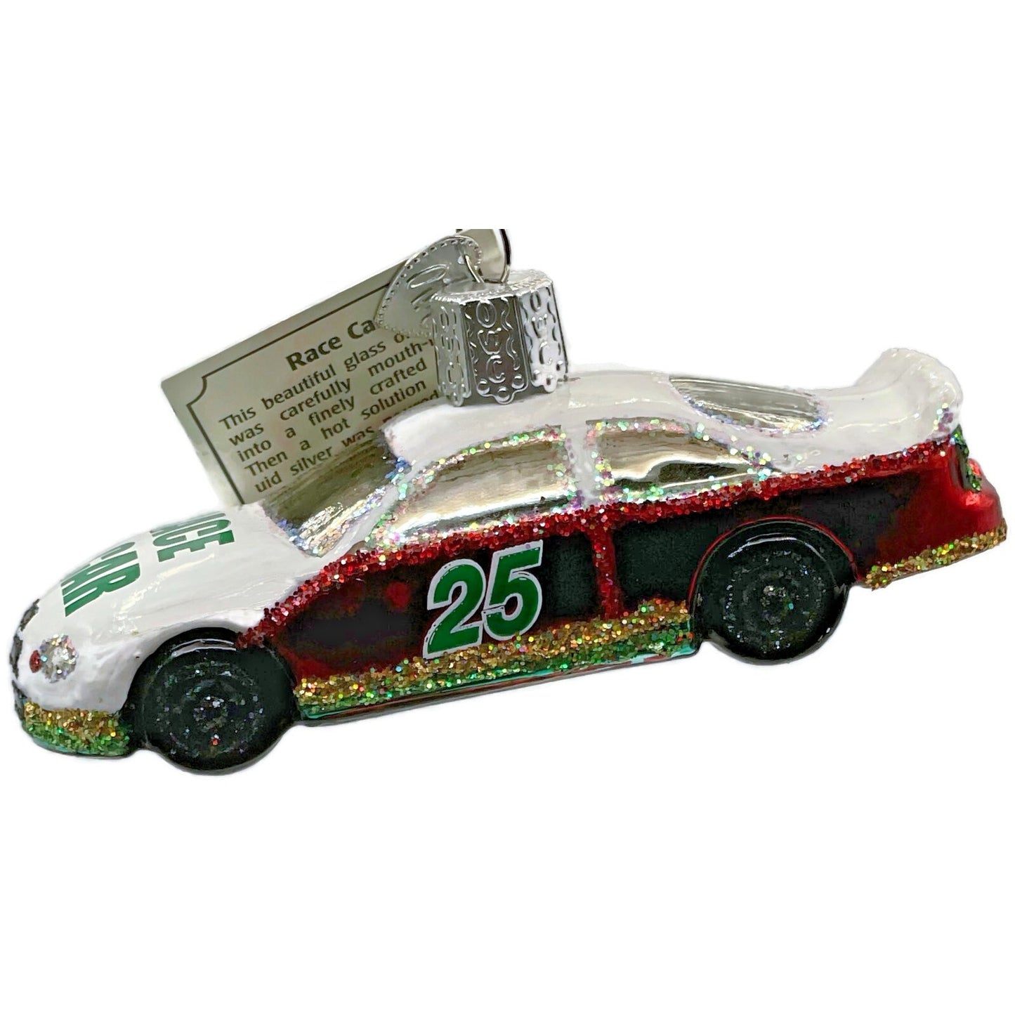 Race Car Ornament Vehicle White Red Glittered OWC Old World Christmas Decoration