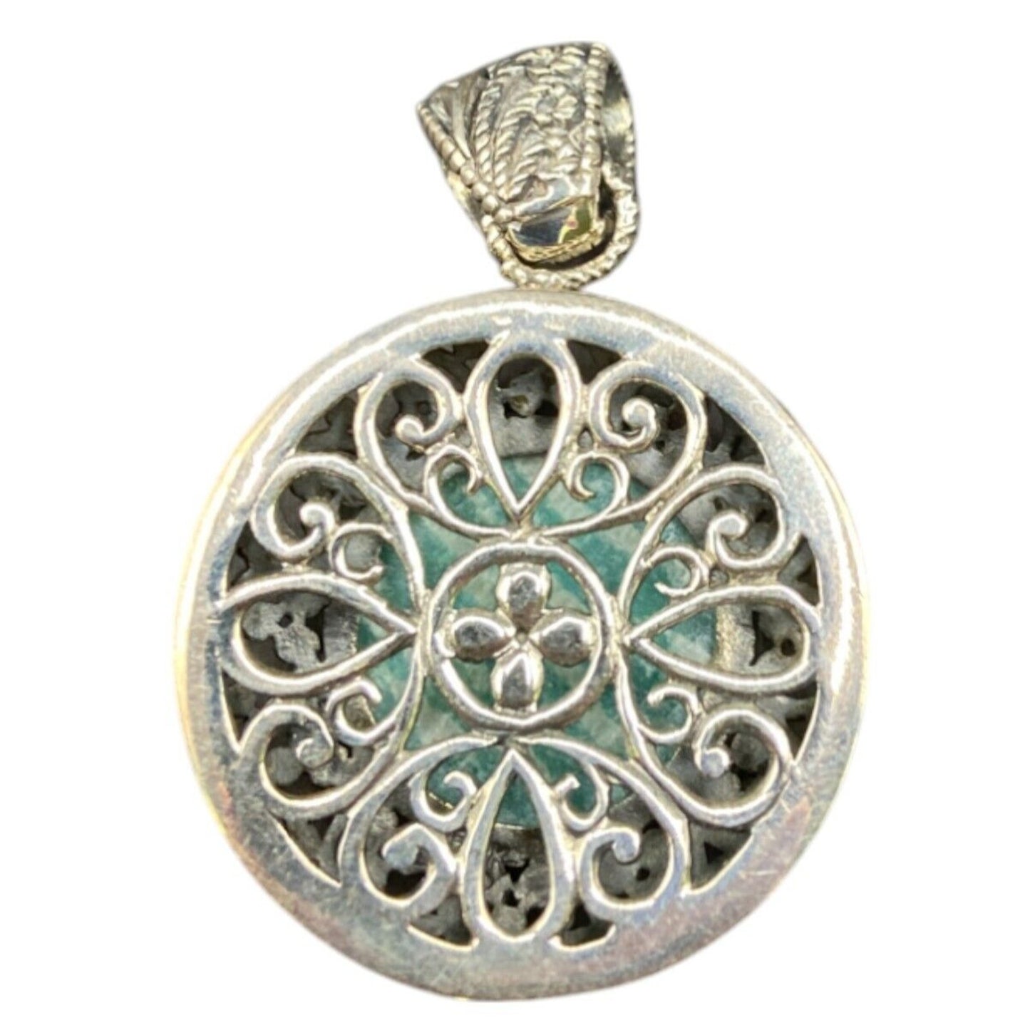 Amazonite Crystal Stone Pendant Round Cabochon Shaped Silver Tone Metal Filigree
