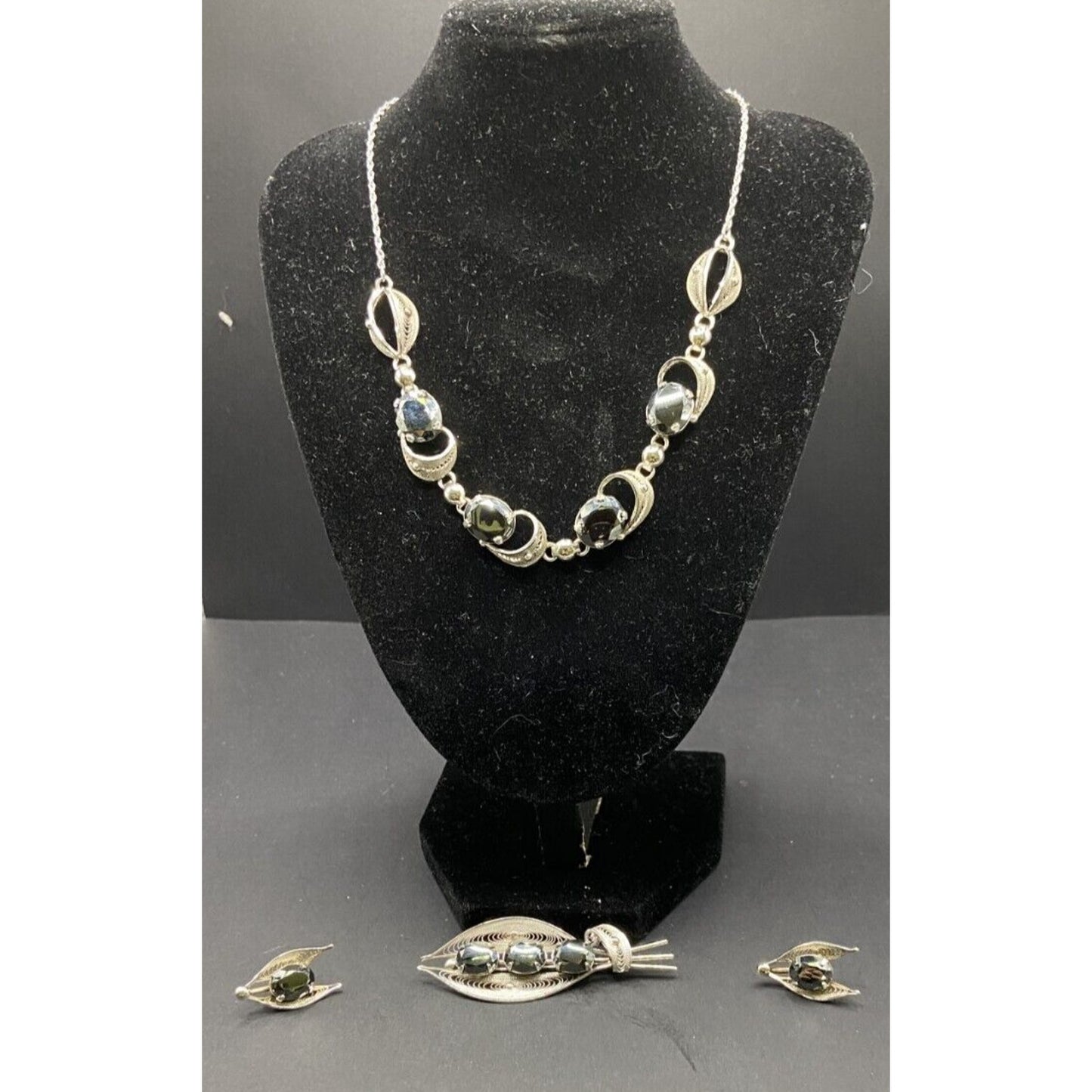 Sorrento 925 Sterling Silver Hematite Jewelry Set Necklace Brooch Earrings