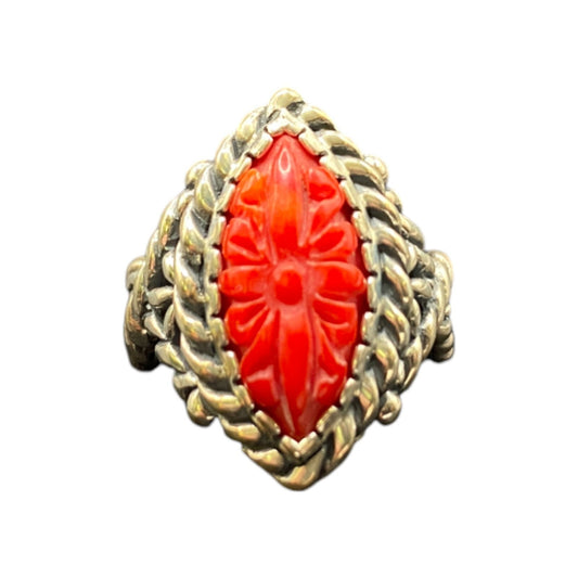 Carolyn Pollack Ring 925 Sterling Silver Red Coral Southwestern Carved Size 9