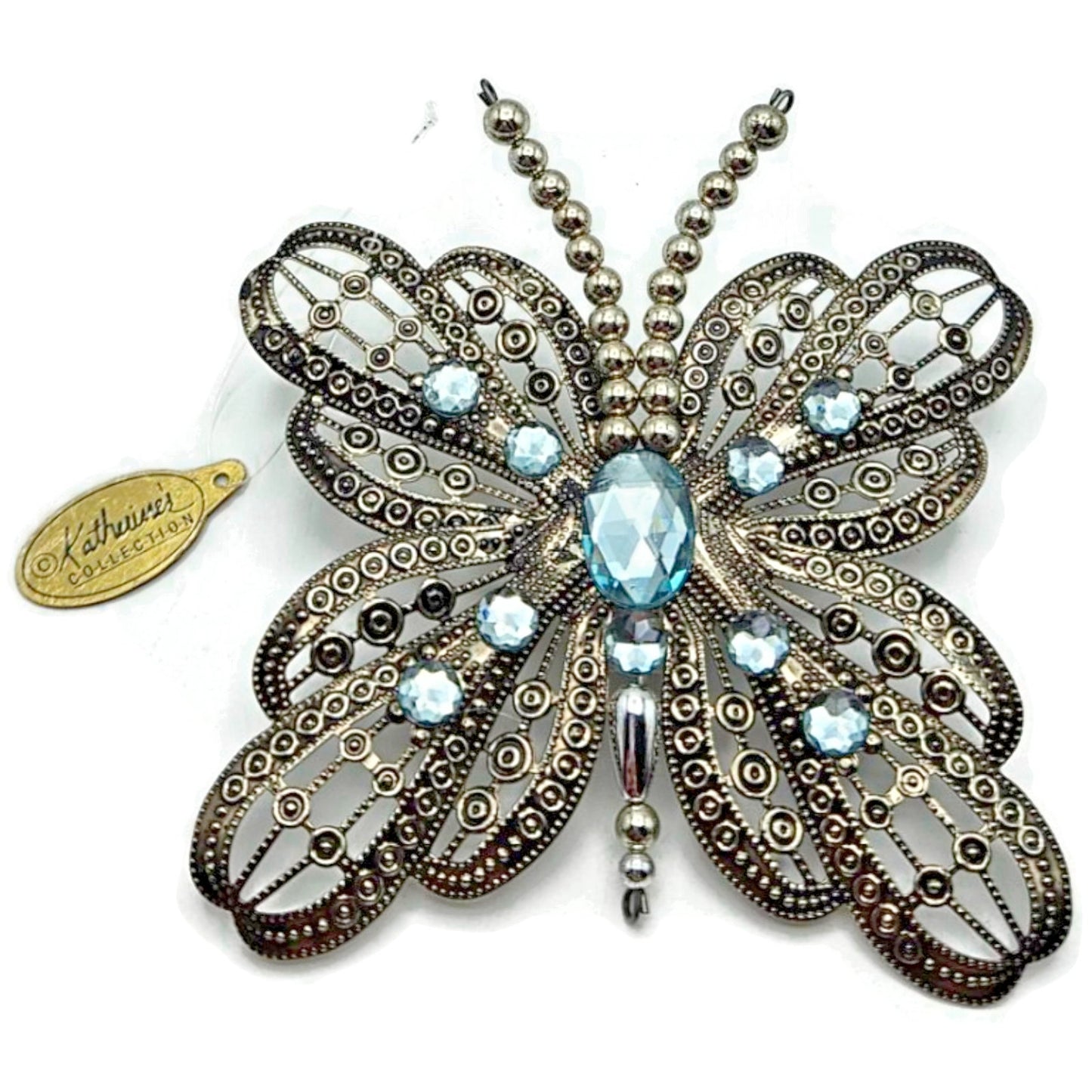Katherines Collection Filigree Butterfly Clip On Ornament Aqua Blue Rhinestones