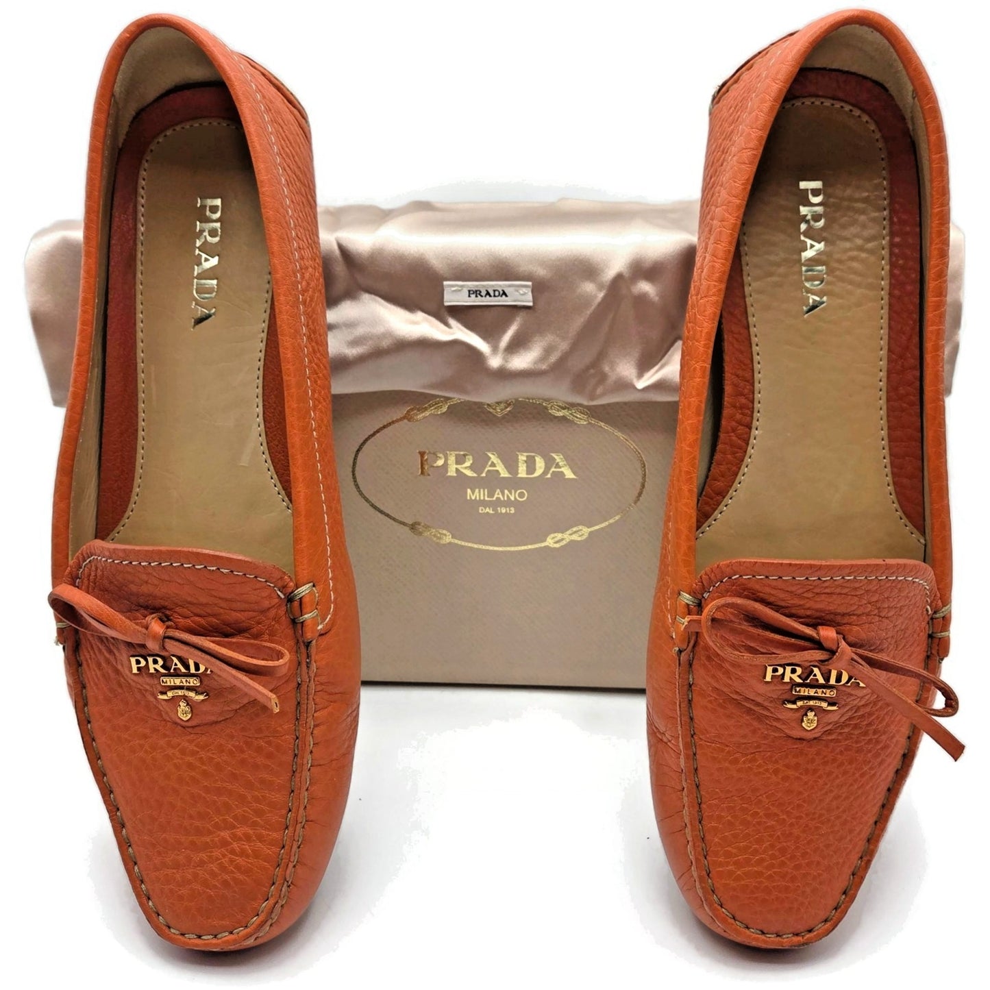 Prada Orange Papaya Pebbled Leather Loafers Slip On Driving Flats Womens Size 39