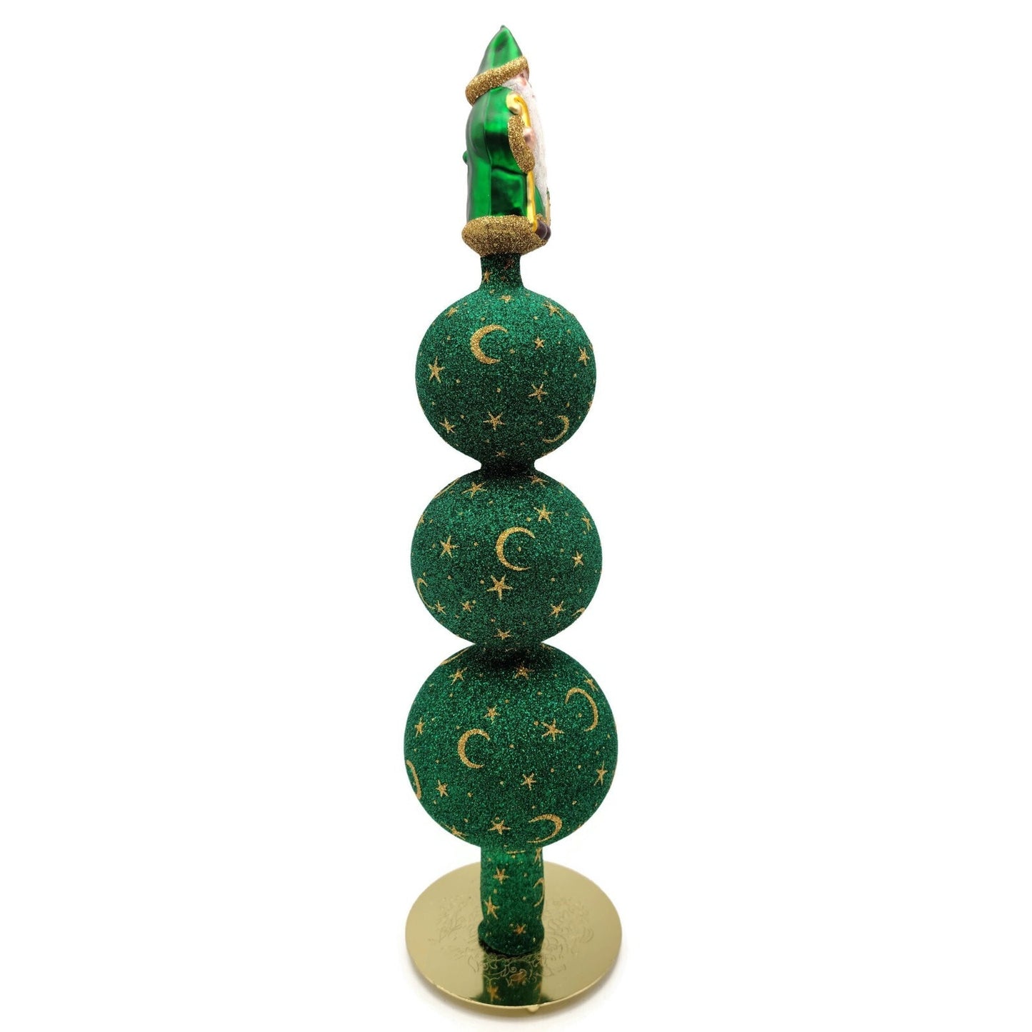 Patricia Breen Woodland Santa Finial Green Gold 3-Ball Christmas Tree Finial Top