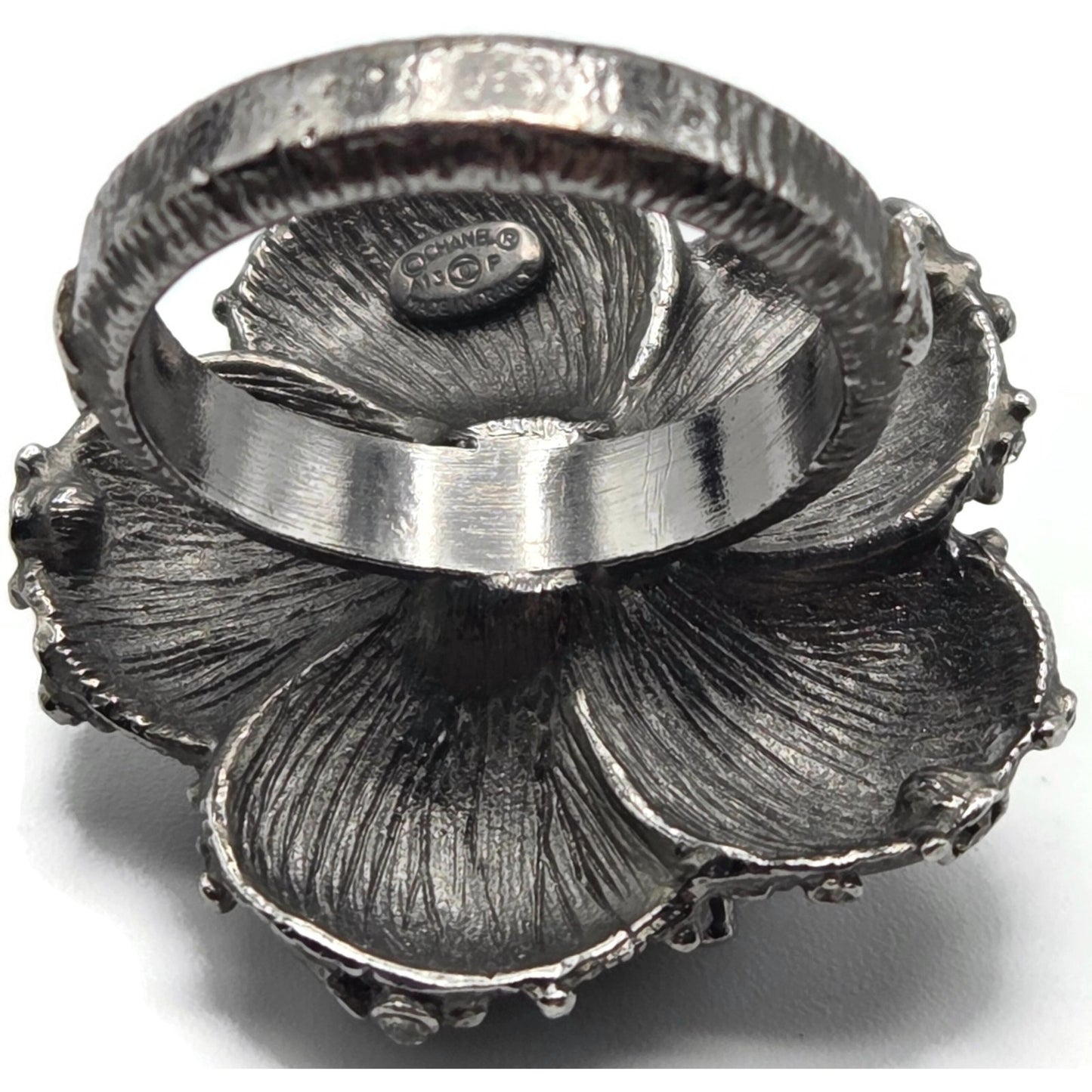 Chanel Camellia CC Ring Ruthenium Black Enamel Crystal EU 54 US 7 w/ Box 13P