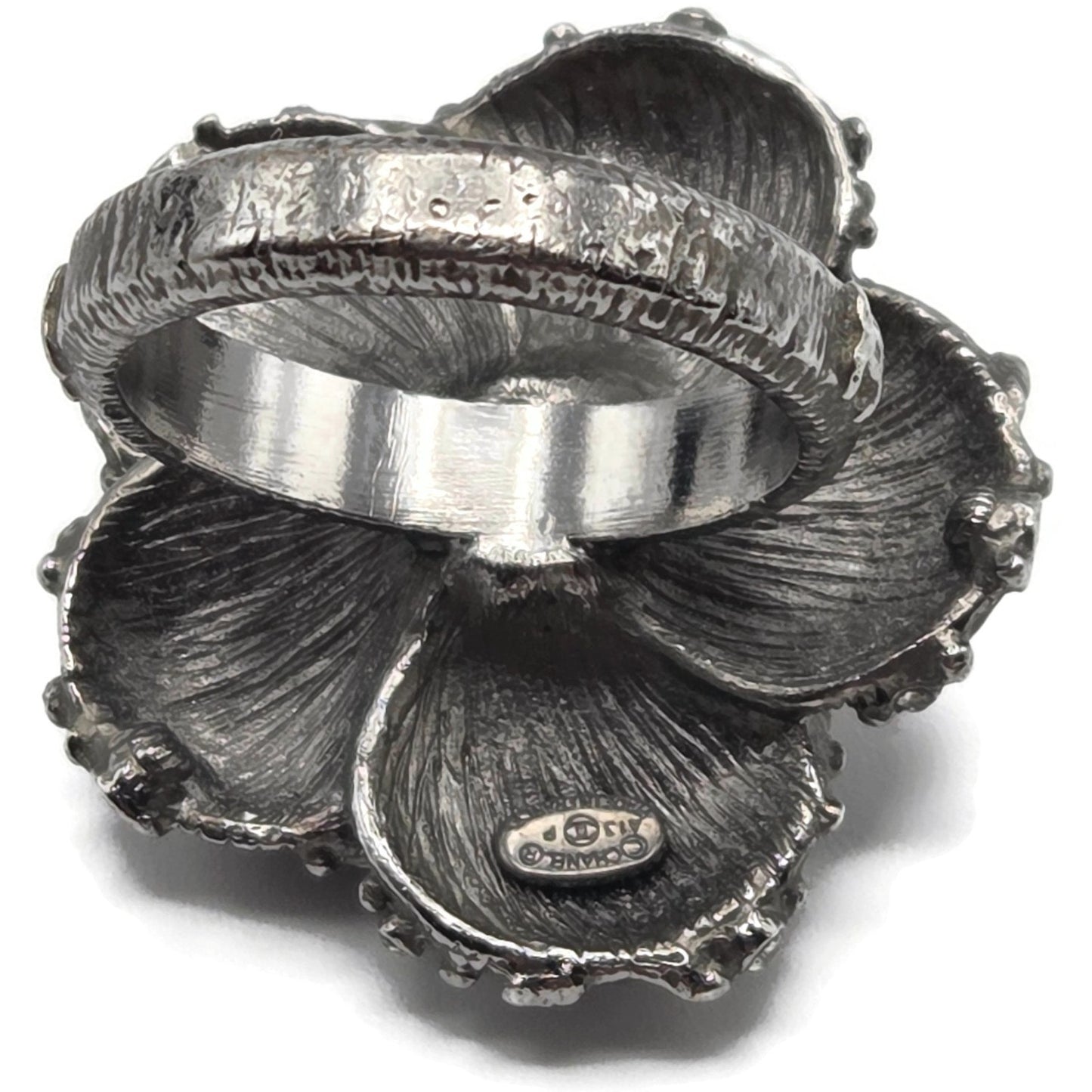 Chanel Camellia CC Ring Ruthenium Black Enamel Crystal EU 54 US 7 w/ Box 13P