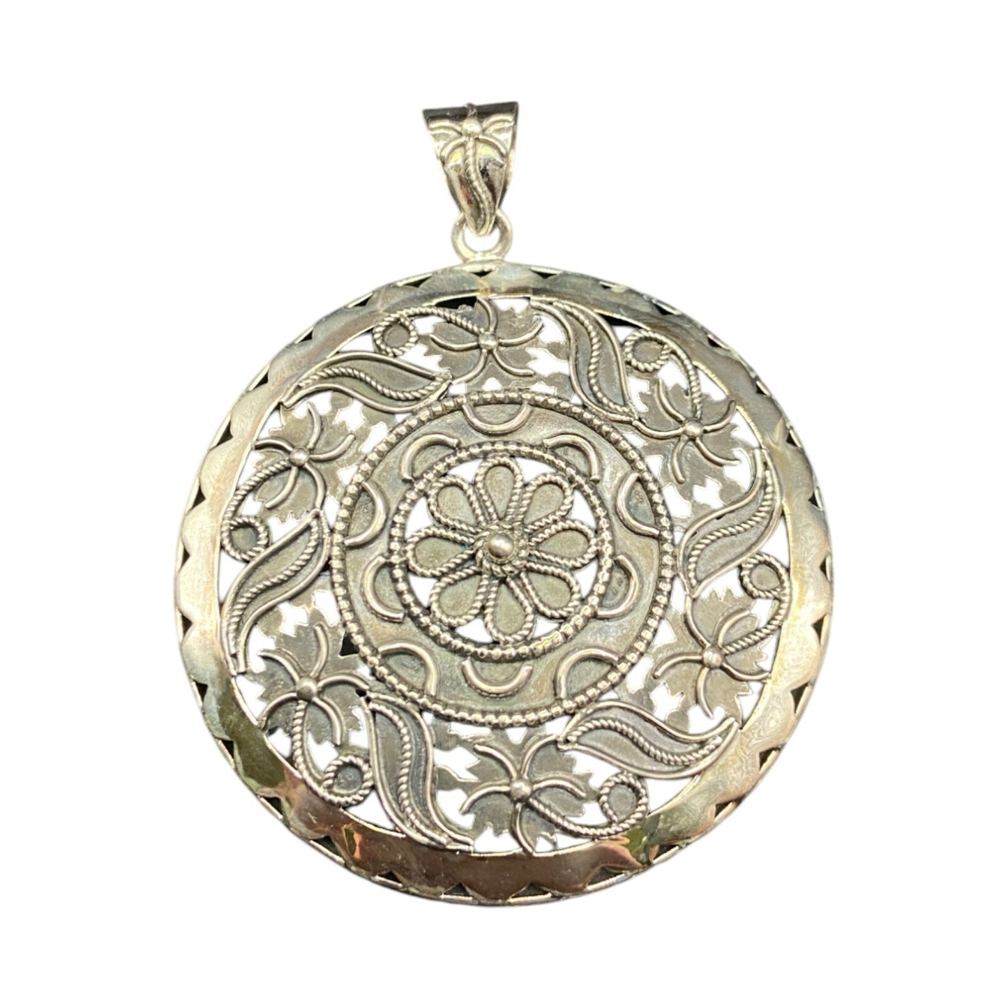 Doug Paulus Silver Floral Filigree Round Medallion Pendant 925 Sterling Silver