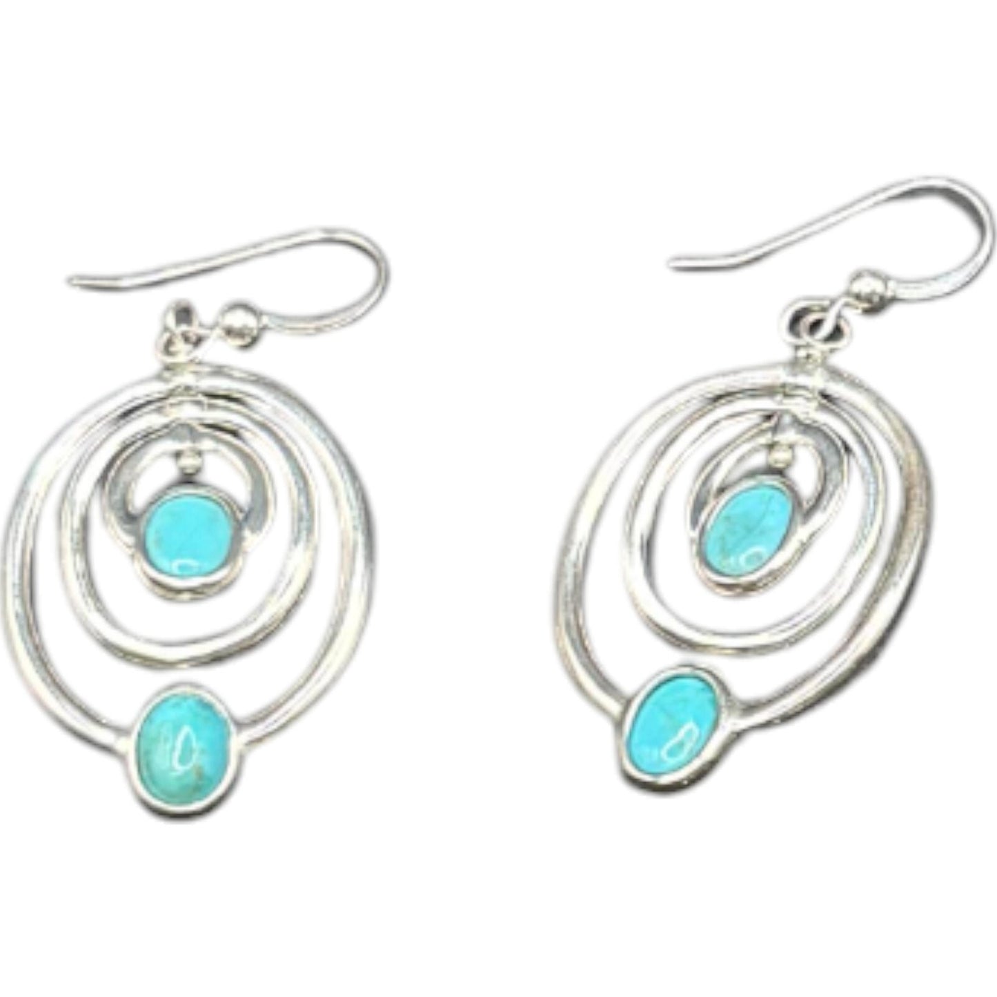 Sleeping Beauty Turquoise Gemstone Hoop Earrings Concentric Oval Silver Metal
