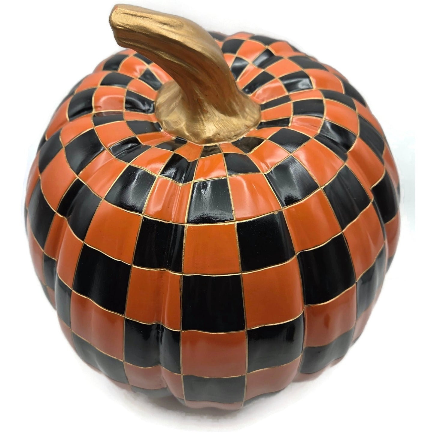 MacKenzie Childs Courtly Check Halloween Pumpkin Large Orange Black w/ Gold Stem