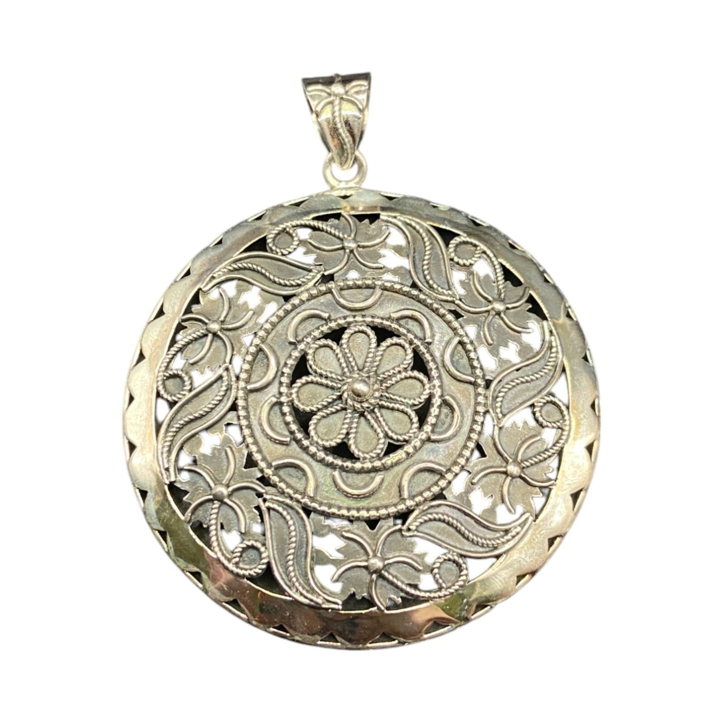 Doug Paulus Silver Floral Filigree Round Medallion Pendant 925 Sterling Silver
