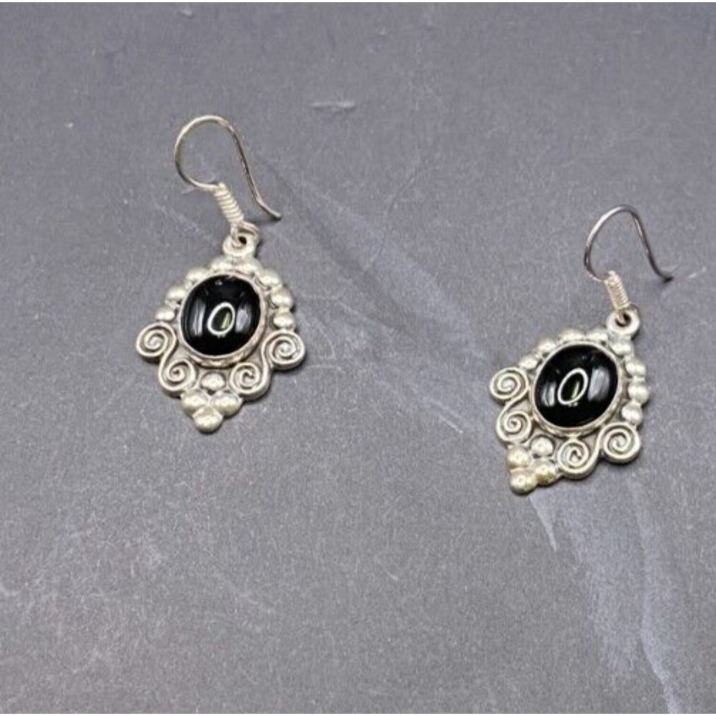 Black Onyx Oval Gemstone Hook Earrings 925 Sterling Silver Filigree MWS Mexico