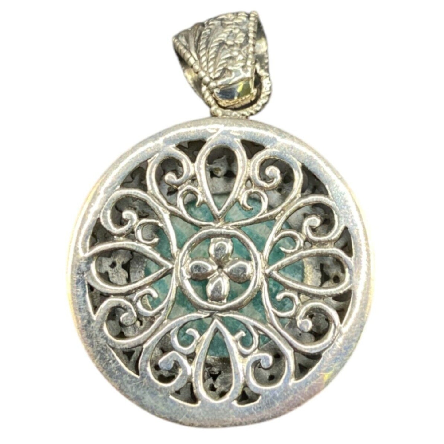 Amazonite Crystal Stone Pendant Round Cabochon Shaped Silver Tone Metal Filigree