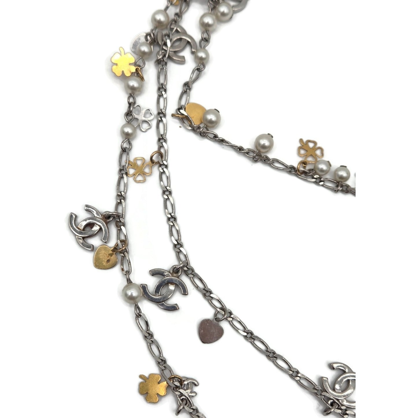 CoCo Chanel Three Strand Chain Hearts Clover Faux Pearl CC Logo Charm Necklace