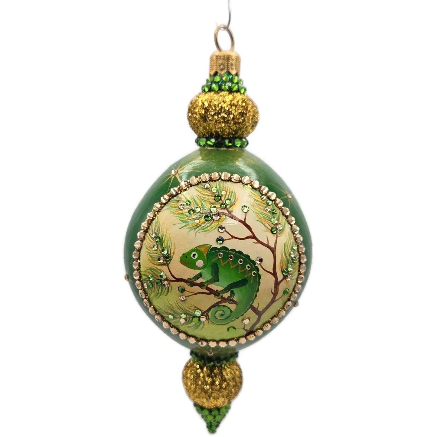 Patricia Breen Le Fleuron Pine Chameleon Green Gold Stars Christmas Ornament