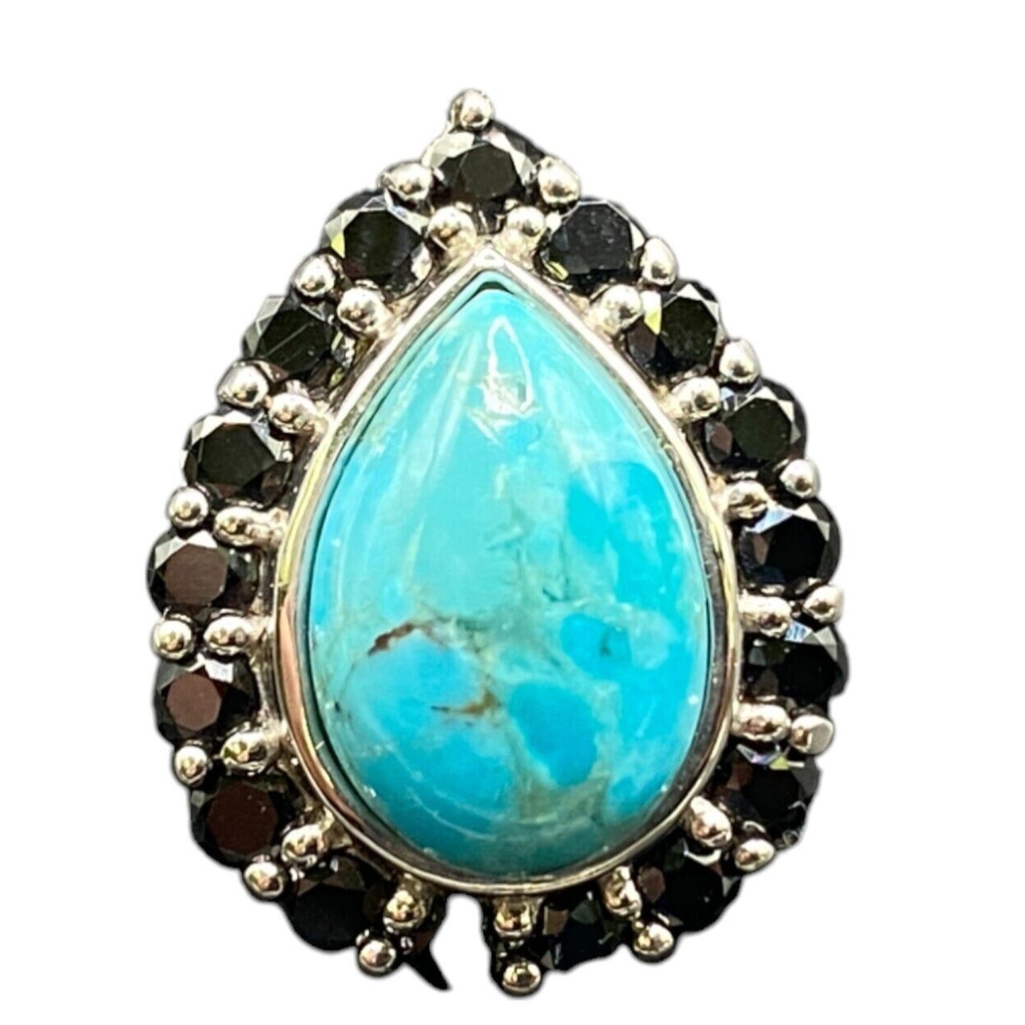 Turquoise Ring Teardrop Gemstone Black Rhinestone 925 Sterling Silver Size 7.5