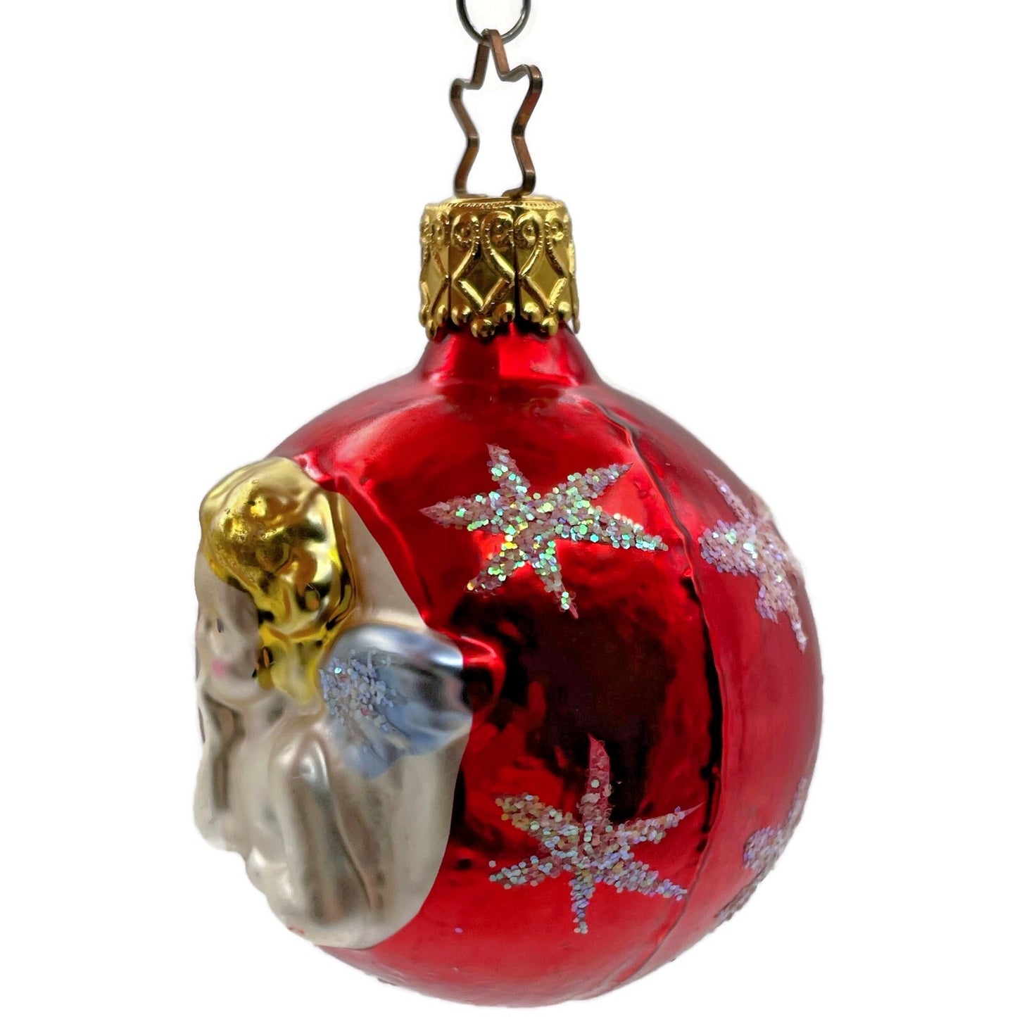 Inge Glass Ornament Cherub Angel Red Orb Stars Old World Christmas Tree Decor