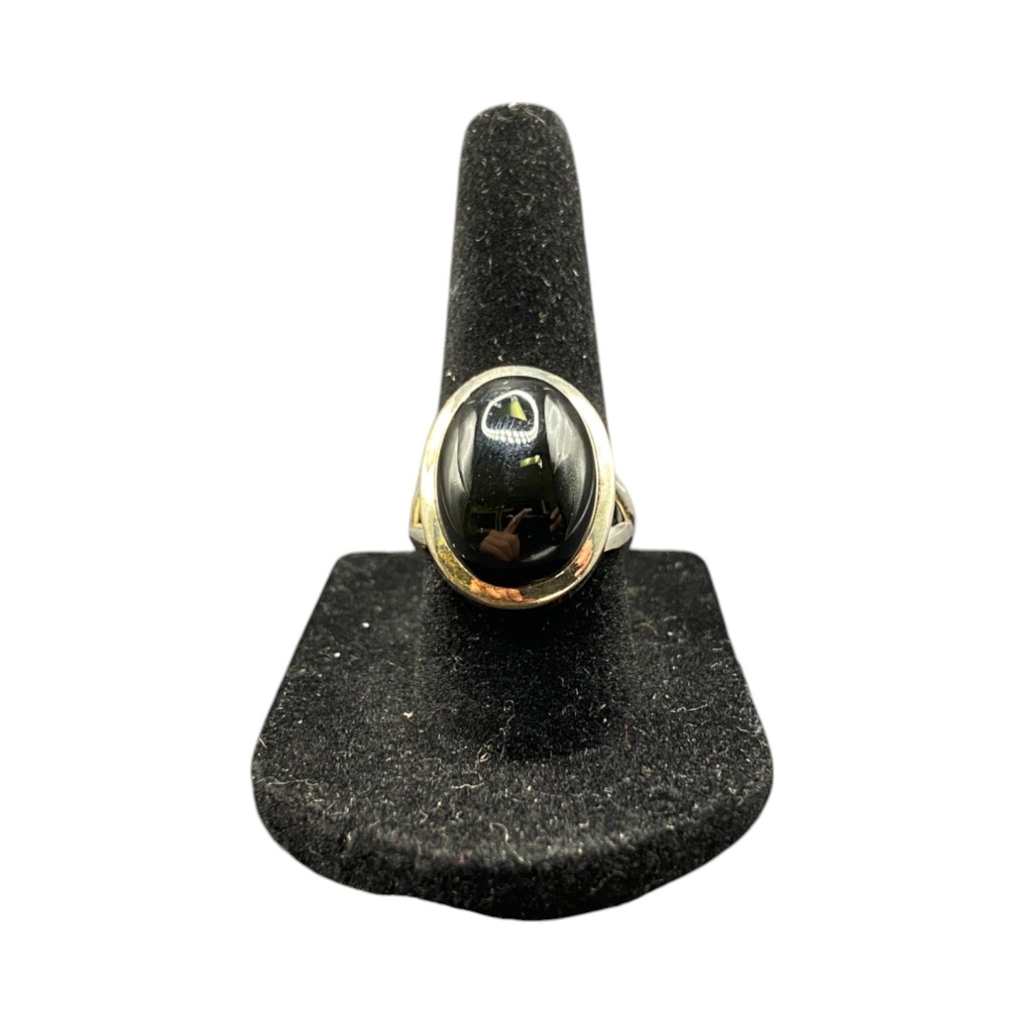 Black Onyx Cocktail Ring Oval Cabochon Gemstone Silver Tone Metal Size 7