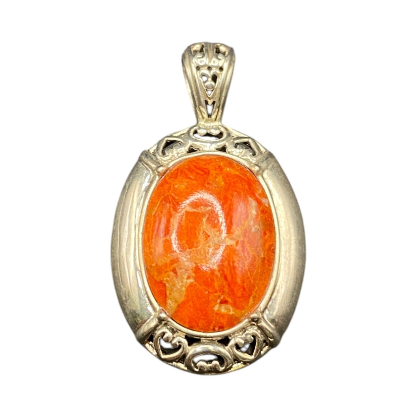 Orange Spiny Oyster Shell Oval Shaped Pendant 925 Sterling Silver NK Thailand