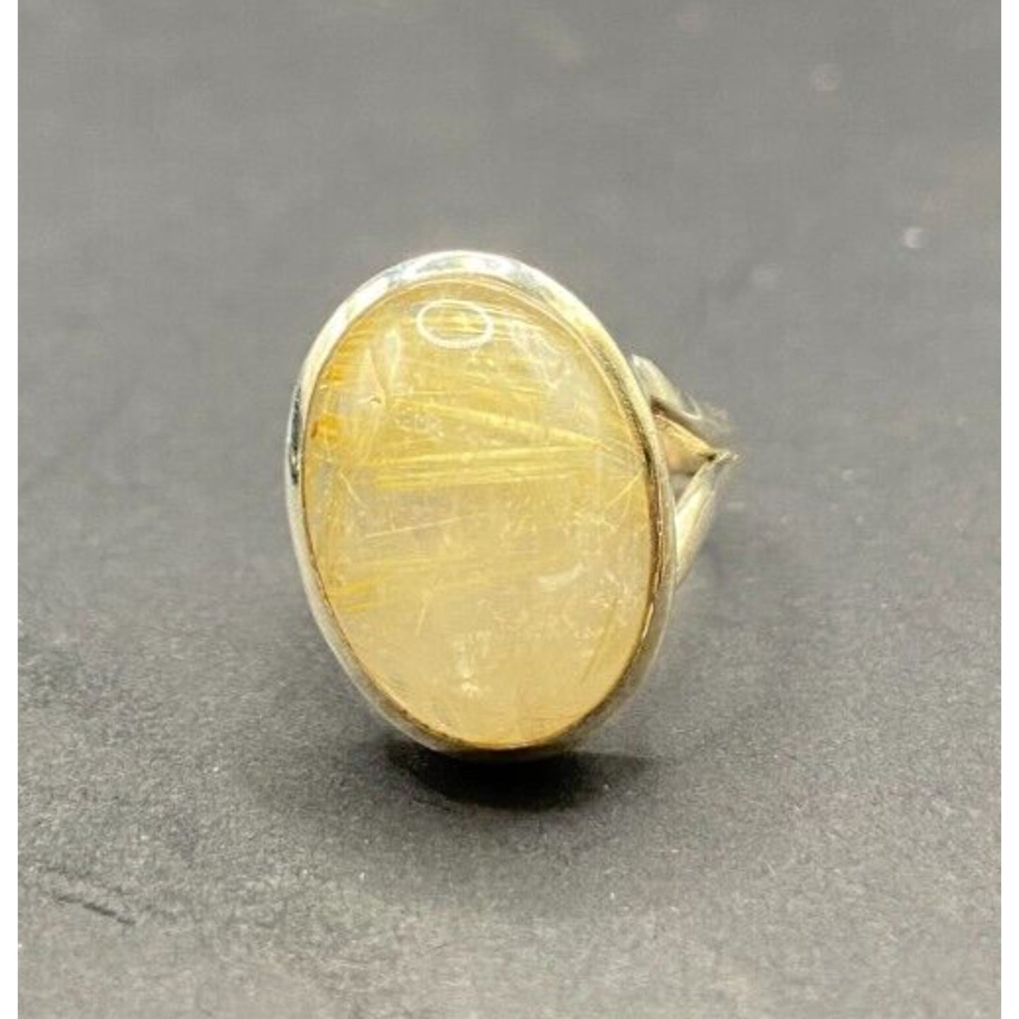 Golden Rutilated Quartz Crystal Ring Oval Cabochon 925 Sterling Silver Size 4