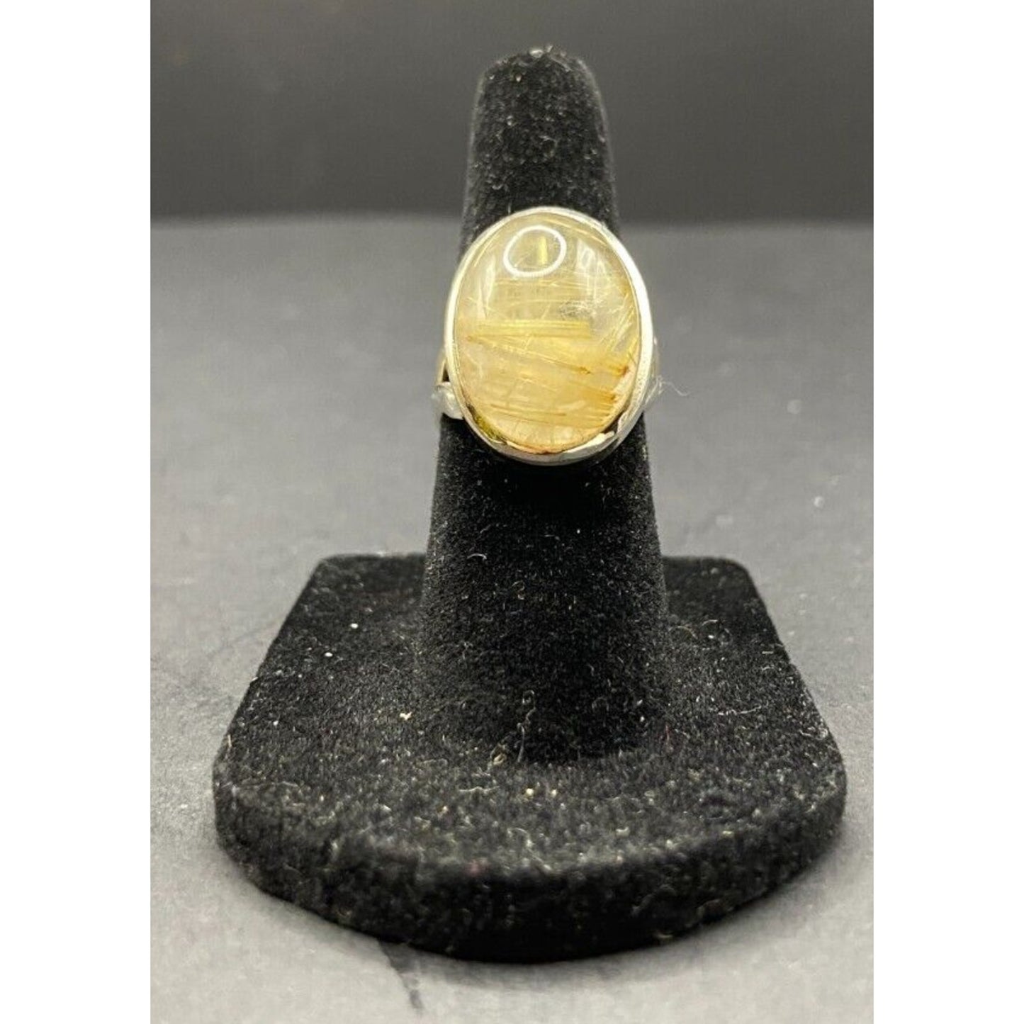 Golden Rutilated Quartz Crystal Ring Oval Cabochon 925 Sterling Silver Size 4