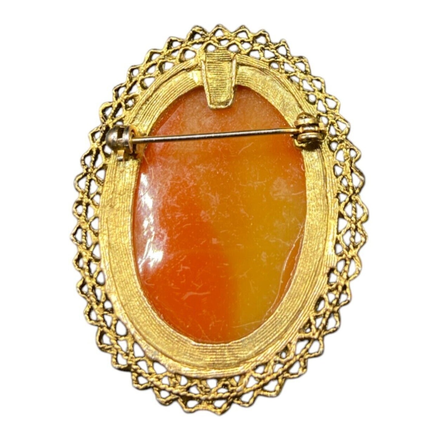 Vintage Cameo Brooch Lady Necklace Mid Century Oval Gold Tone Metal Filigree