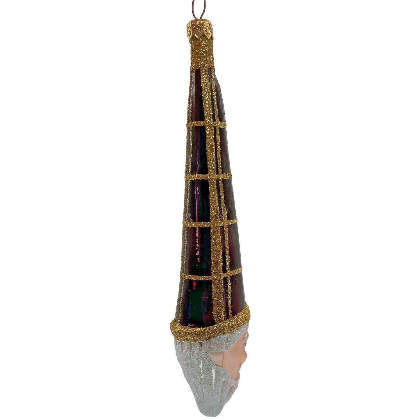 Patricia Breen Winter Wizard Bordeaux Plaid Gold Santa Head Christmas Ornament
