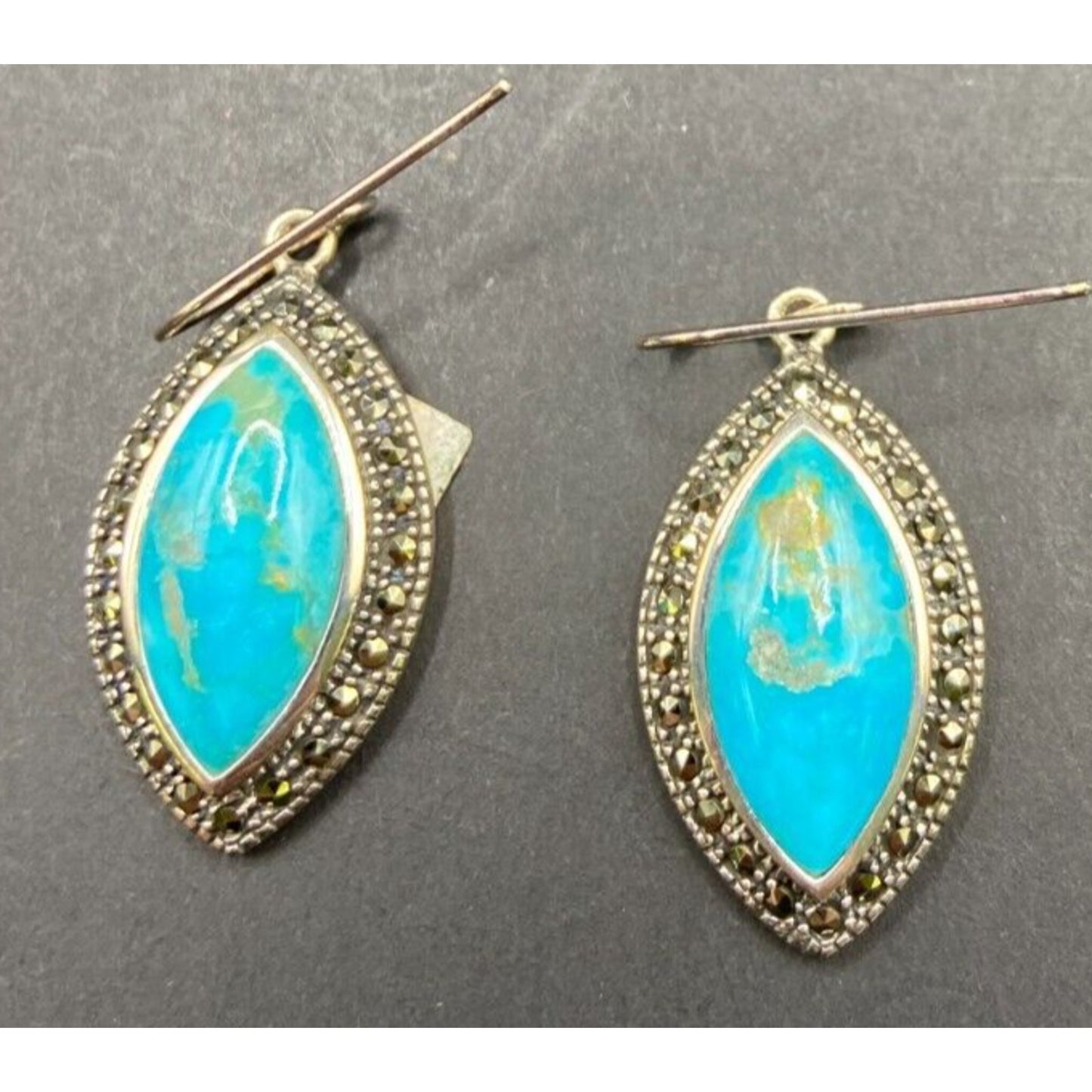 Marquise Turquoise Hook Dangle Earrings Marcasite Stone 925 Sterling Silver NK
