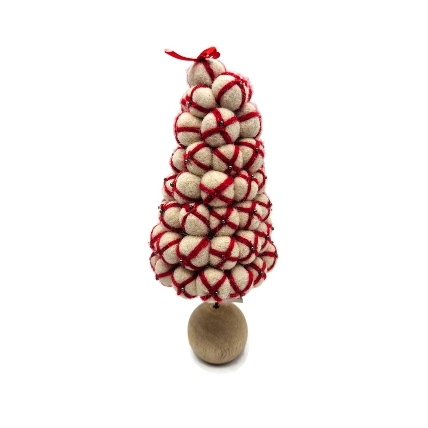 Christmas Tree Wool Peppermint Pom Pom Whimsical Red Cream Wood Felt Rustic