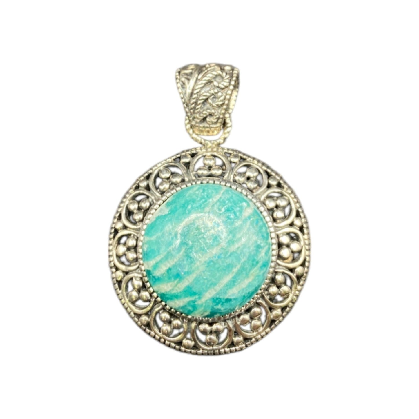 Amazonite Crystal Stone Pendant Round Cabochon Shaped Silver Tone Metal Filigree