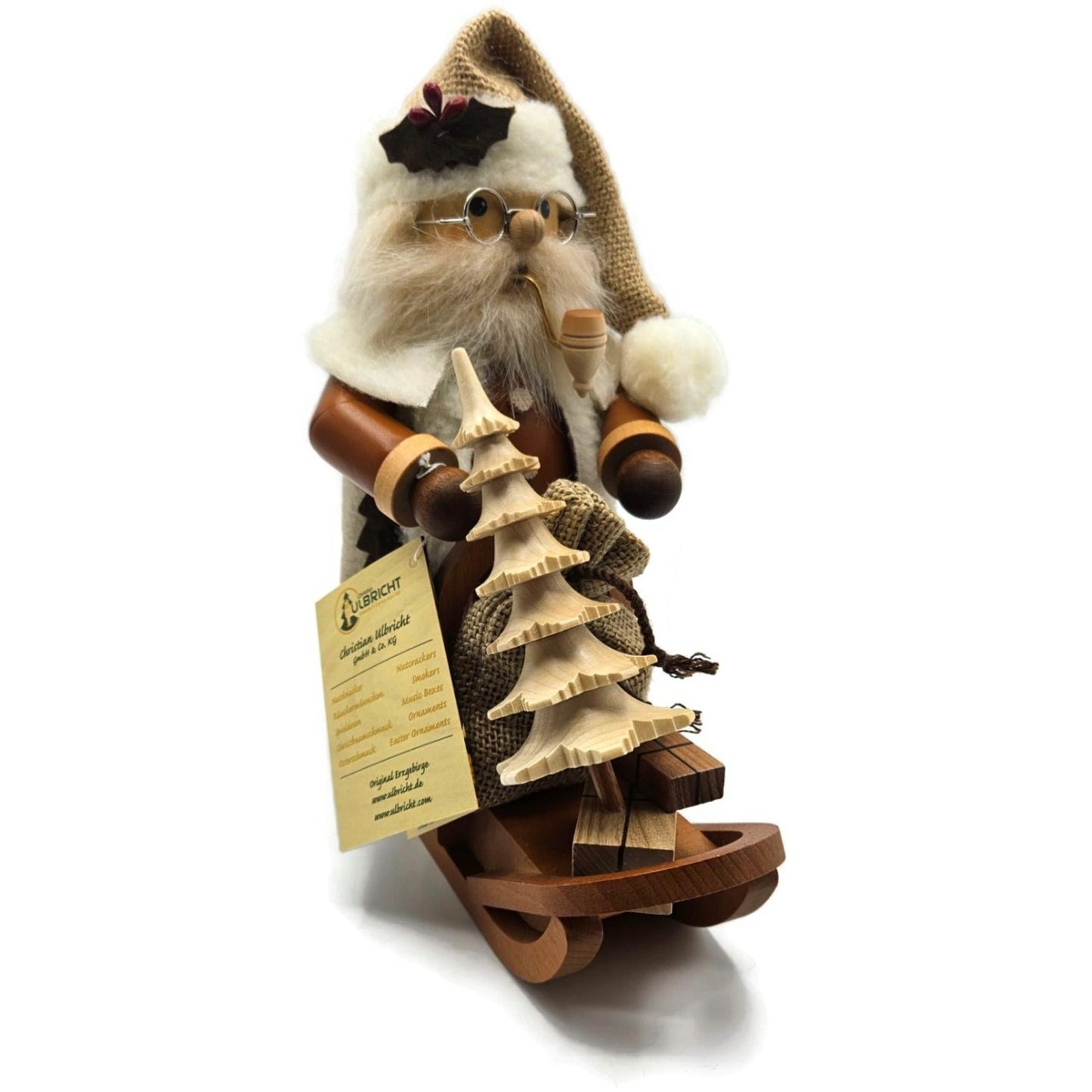 Christian Ulbricht Natural Santa on Sled Smoker Handcrafted Germany Wooden Figur