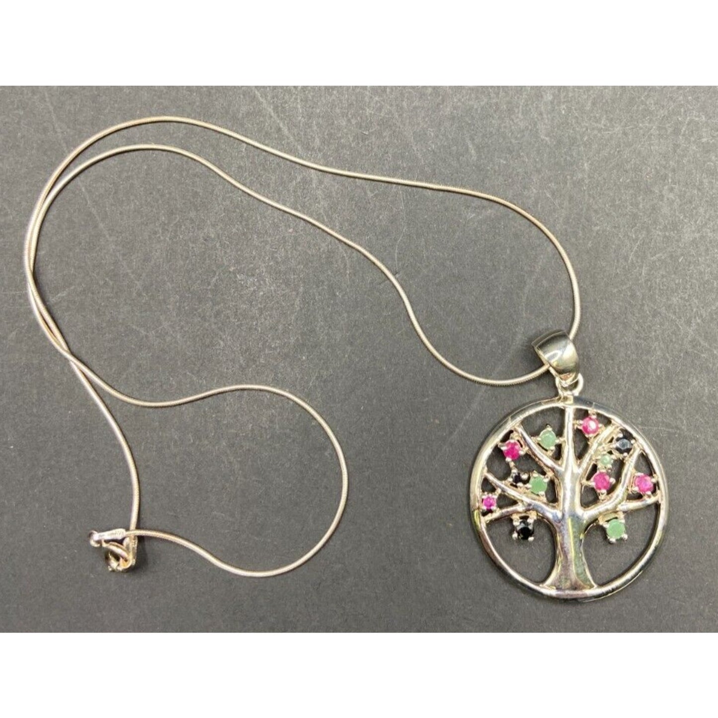 Tree Of Life Pendant Multicolor Stones Snake Chain Necklace 925 Sterling Silver