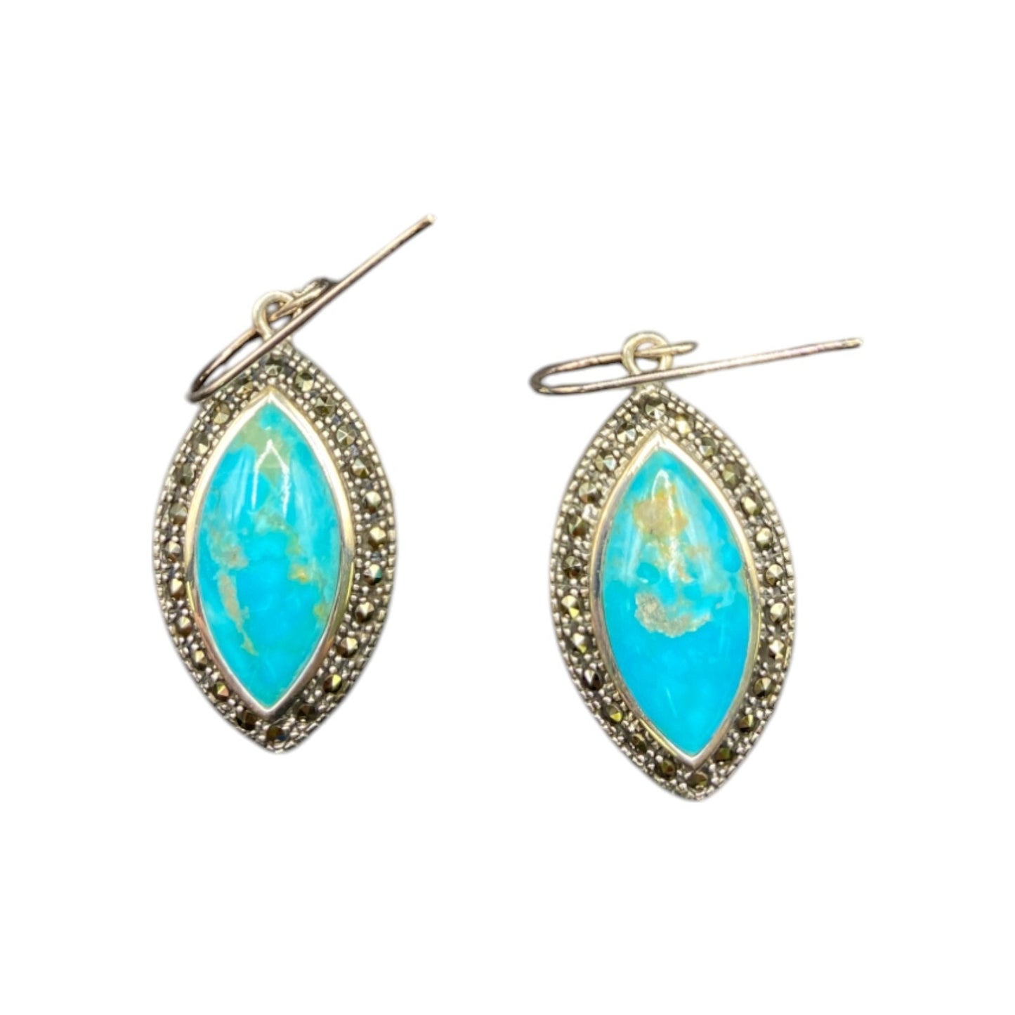 Marquise Turquoise Hook Dangle Earrings Marcasite Stone 925 Sterling Silver NK