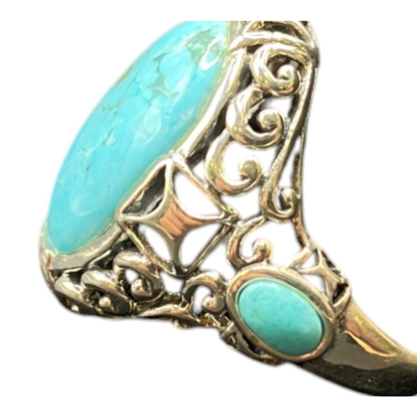 Turquoise Ring Sterling Silver NK Oval Ornate Semi Precious Stone Blue 7.75