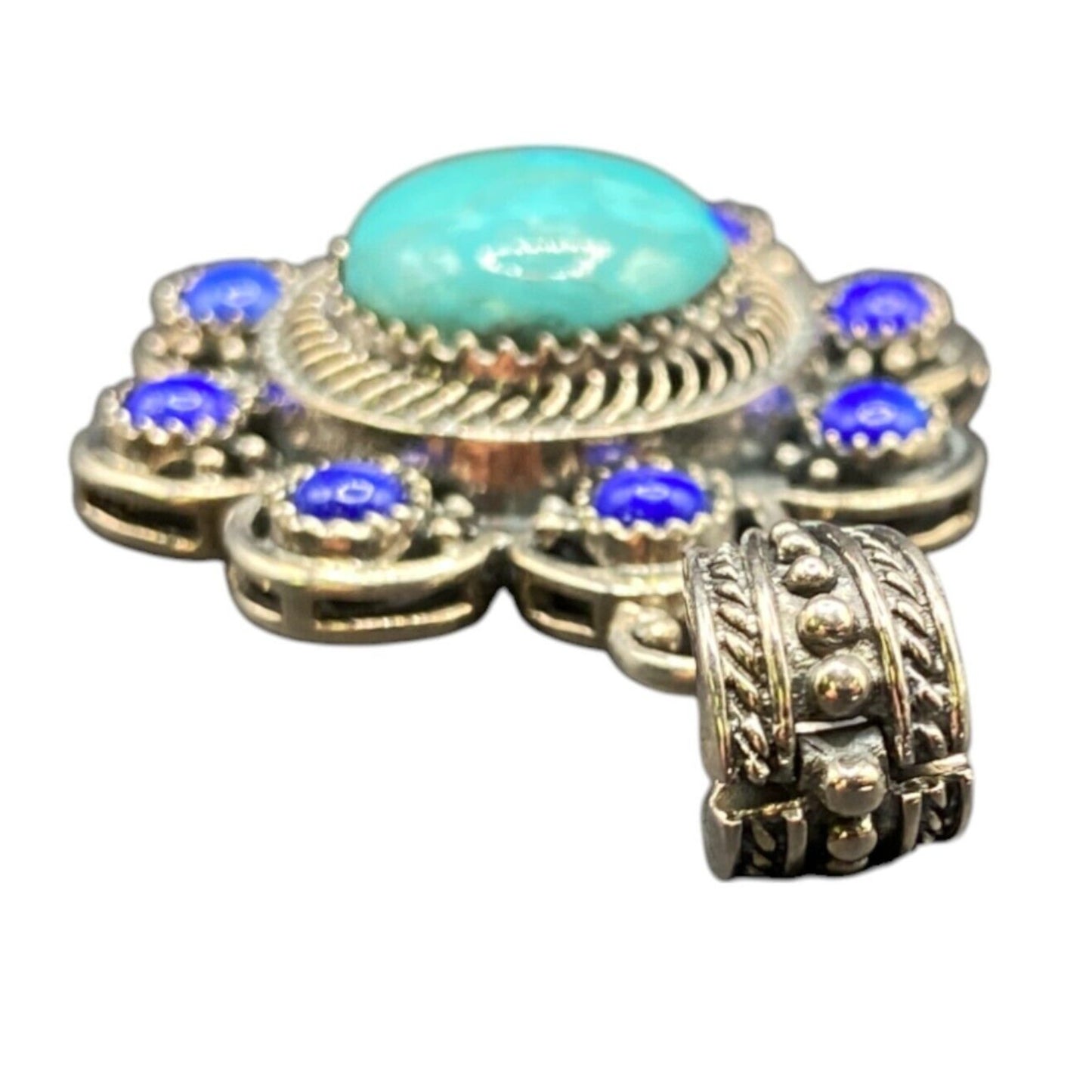 Turquoise Lapis Lazuli Pendant Crystal Stone Flower Silver Tone Metal Filigree