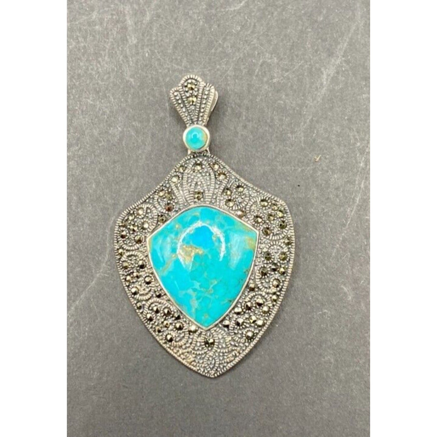 Turquoise Pendant Marcasite Ornament Sterling Silver Thailand Stamped