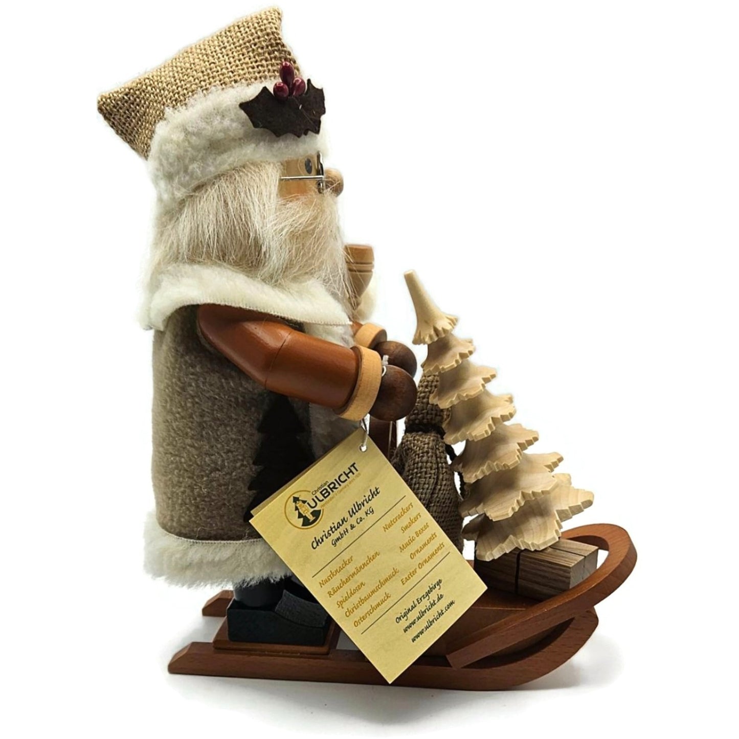 Christian Ulbricht Natural Santa on Sled Smoker Handcrafted Germany Wooden Figur