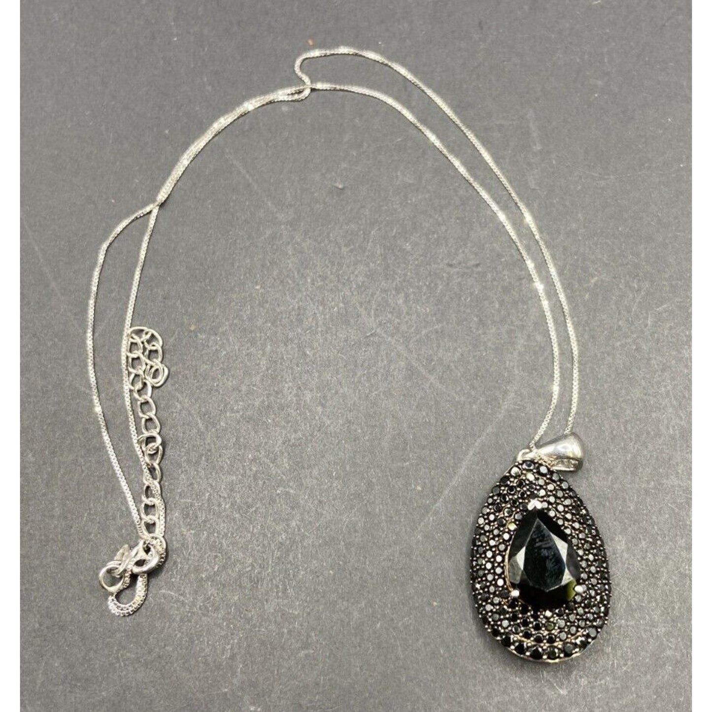 Black Onyx Teadrop Pendant Marcasite 925 Sterling Silver Box Chain Necklace GIE