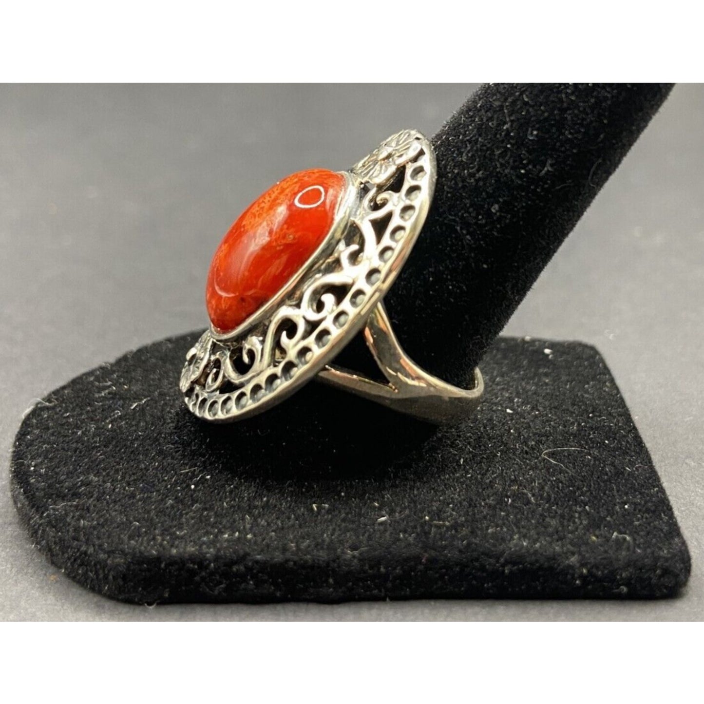 925 Sterling Silver Ring Sponge Coral Filigree Orange Oval Gemstone Size 7