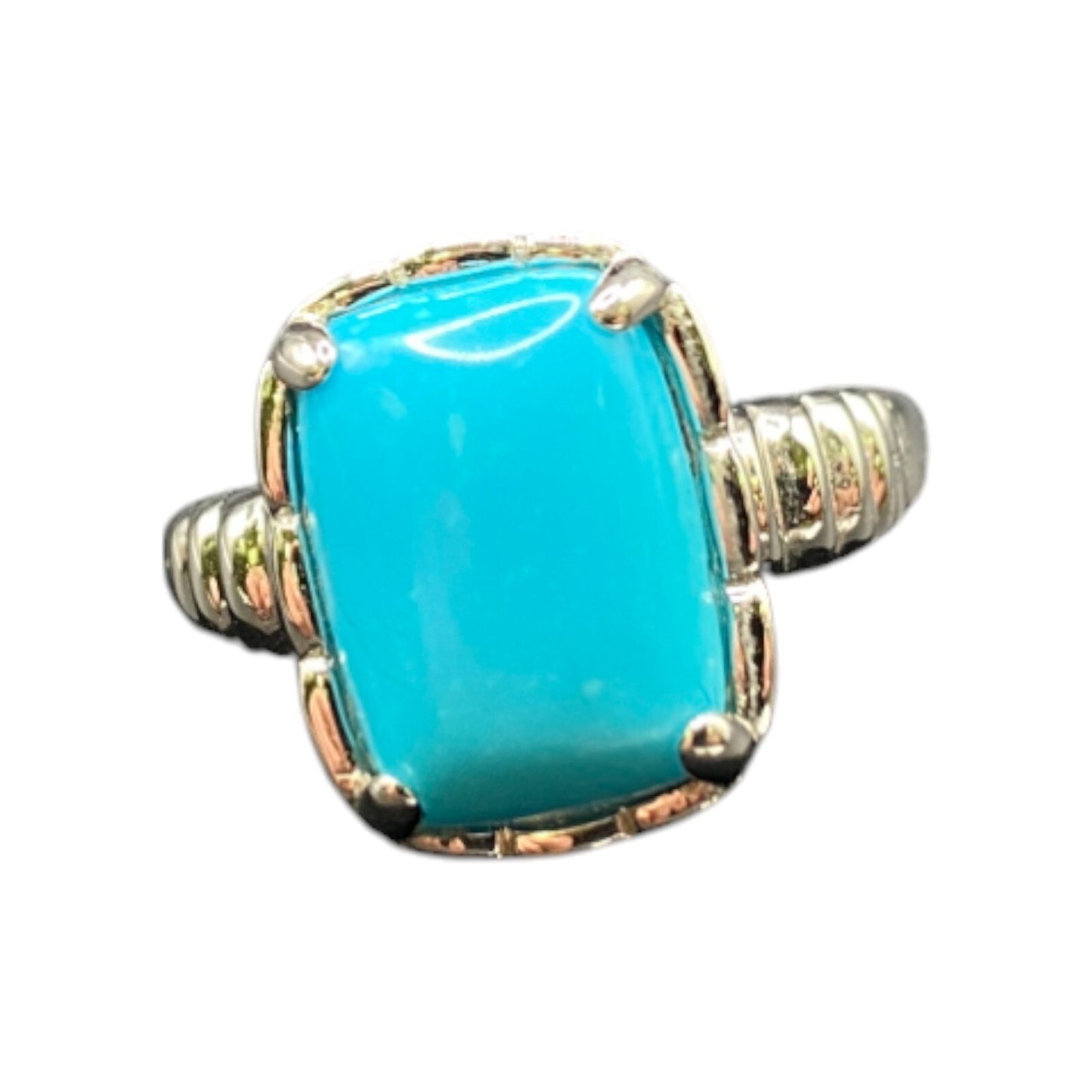 925 Sterling Silver Cocktail Ring Turquoise Gemstone Rectangle Prong Set Size 10