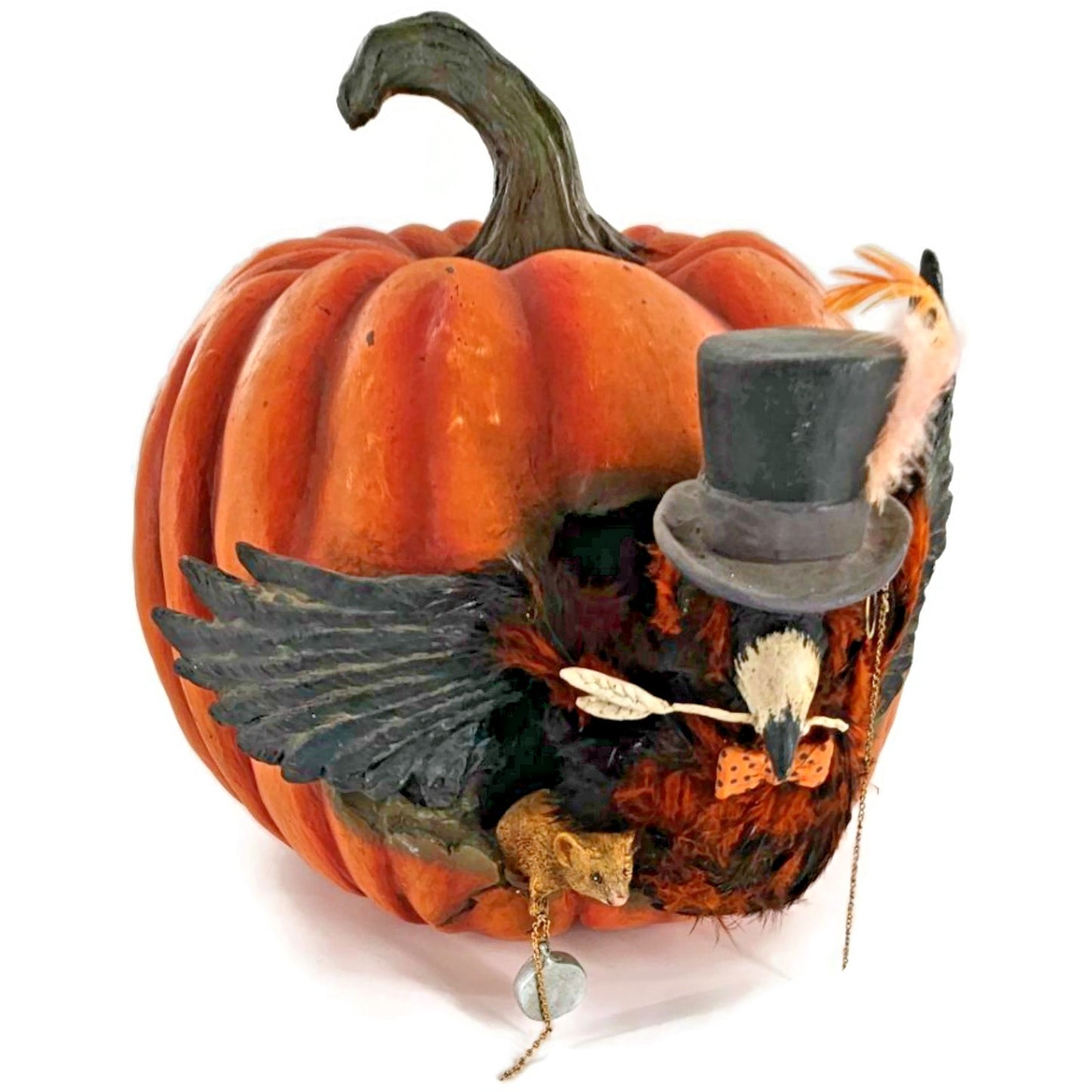 Bethany Lowe Cawing Pumpkin Halloween Raven Crow Top Hat Mouse Paper Mache Decor