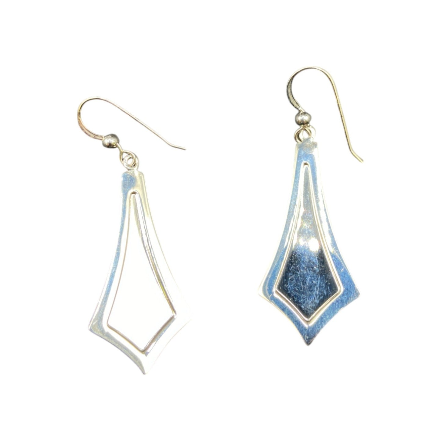 Turquoise Fish Hook Dangle Earrings Round Gemstone Silver Tone Metal