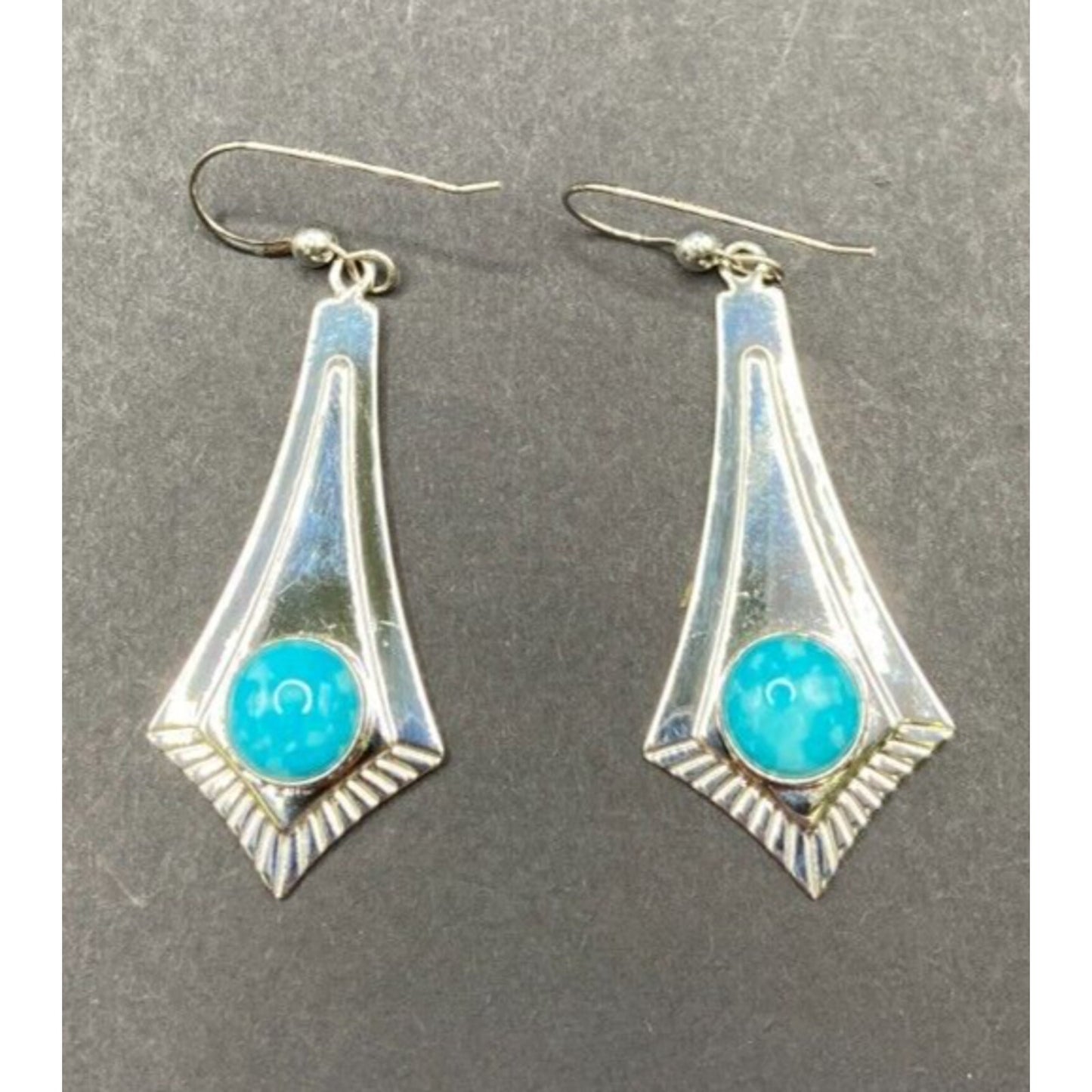 Turquoise Fish Hook Dangle Earrings Round Gemstone Silver Tone Metal
