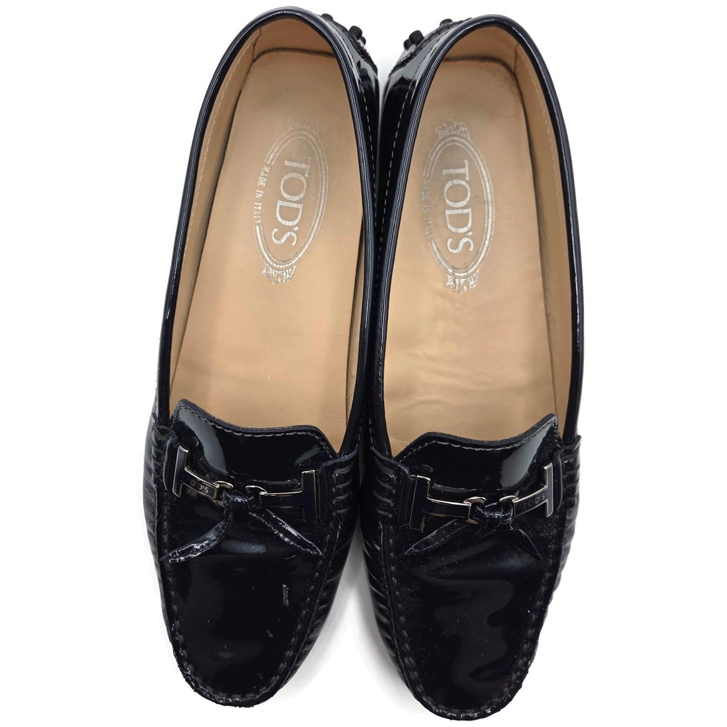 Tod’s Heaven Double T-Bit Loafers Navy Patent Leather Driving Shoes Rare 39.5