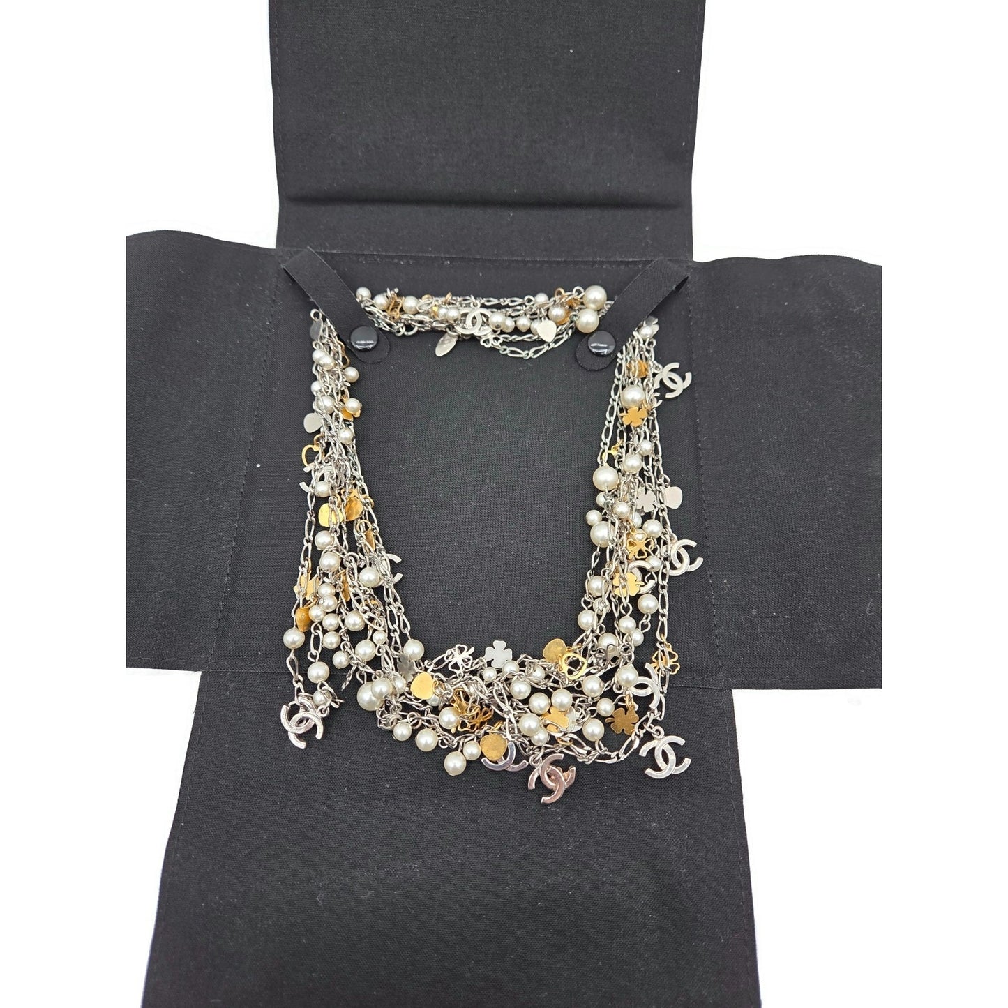 CoCo Chanel Three Strand Chain Hearts Clover Faux Pearl CC Logo Charm Necklace