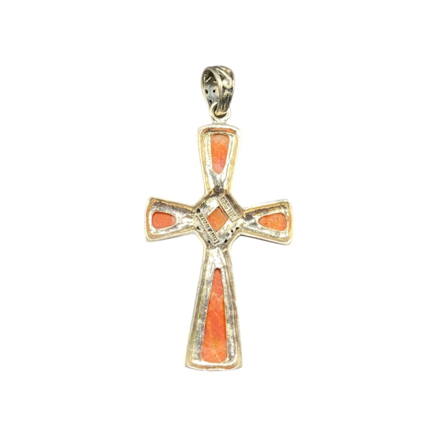 Sponge Coral Orange Stone Cross Pendant 925 Sterling Silver Crystal NK Thailand