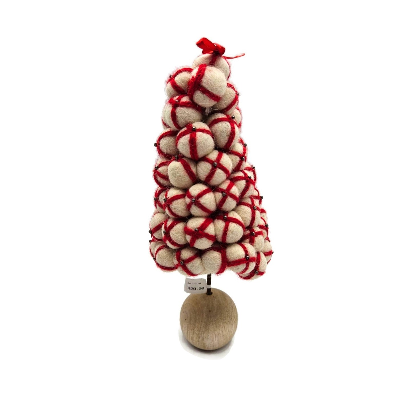 Christmas Tree Wool Peppermint Pom Pom Whimsical Red Cream Wood Felt Rustic